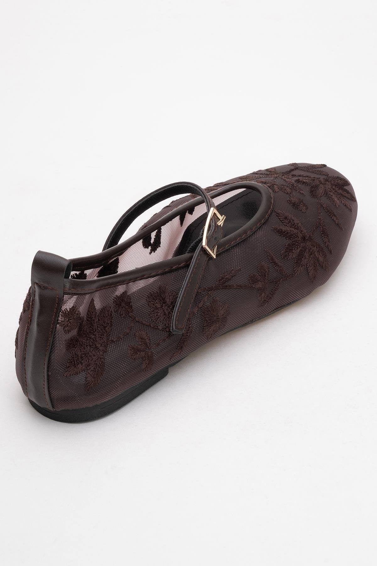 Juny Brown Mesh Floral Embroidery Ballet Flat – back view showing leather, mesh, red, Vowalisse