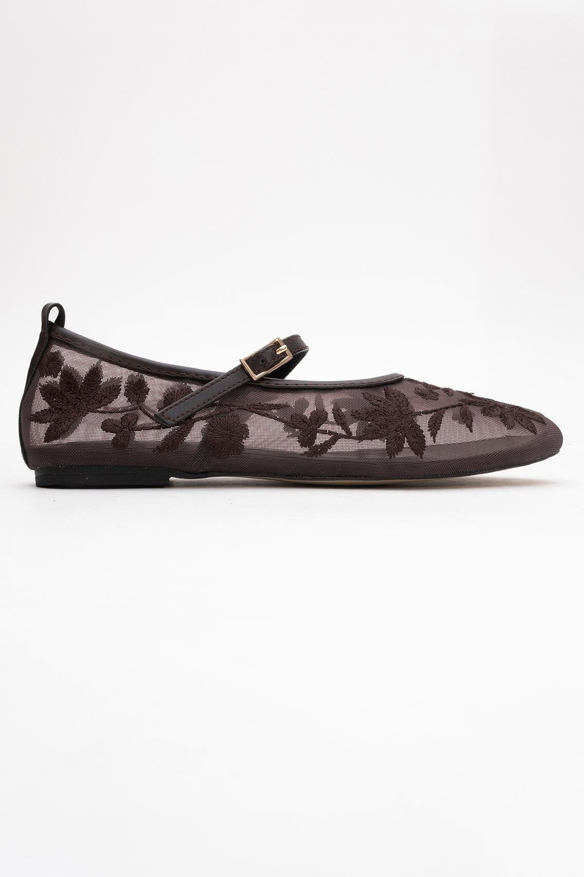Juny Brown Mesh Floral Embroidery Ballet Flat – top view showing leather, mesh, red, Vowalisse