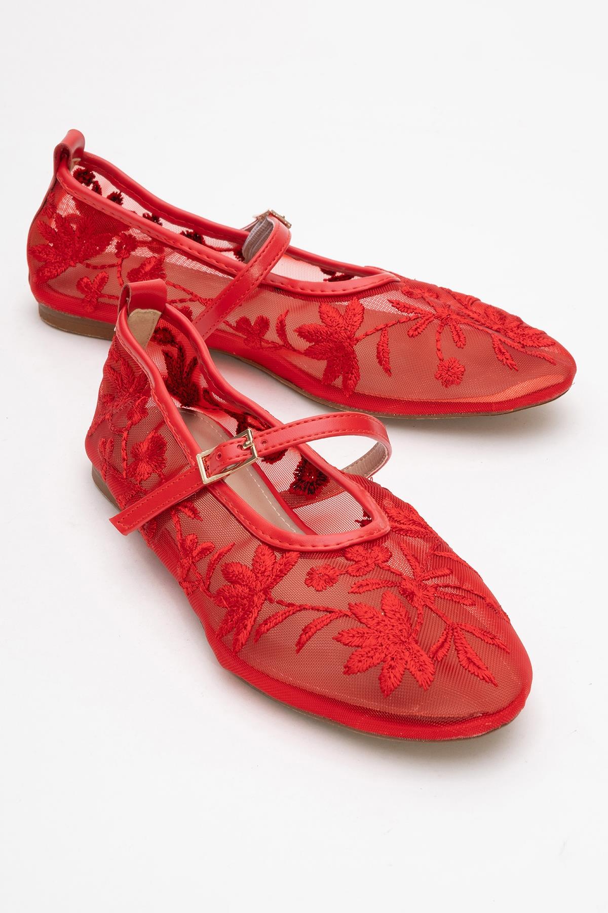 Juny Red Mesh Floral Embroidery Ballet Flat – front three-quarter view showing leather, mesh, red, Vowalisse