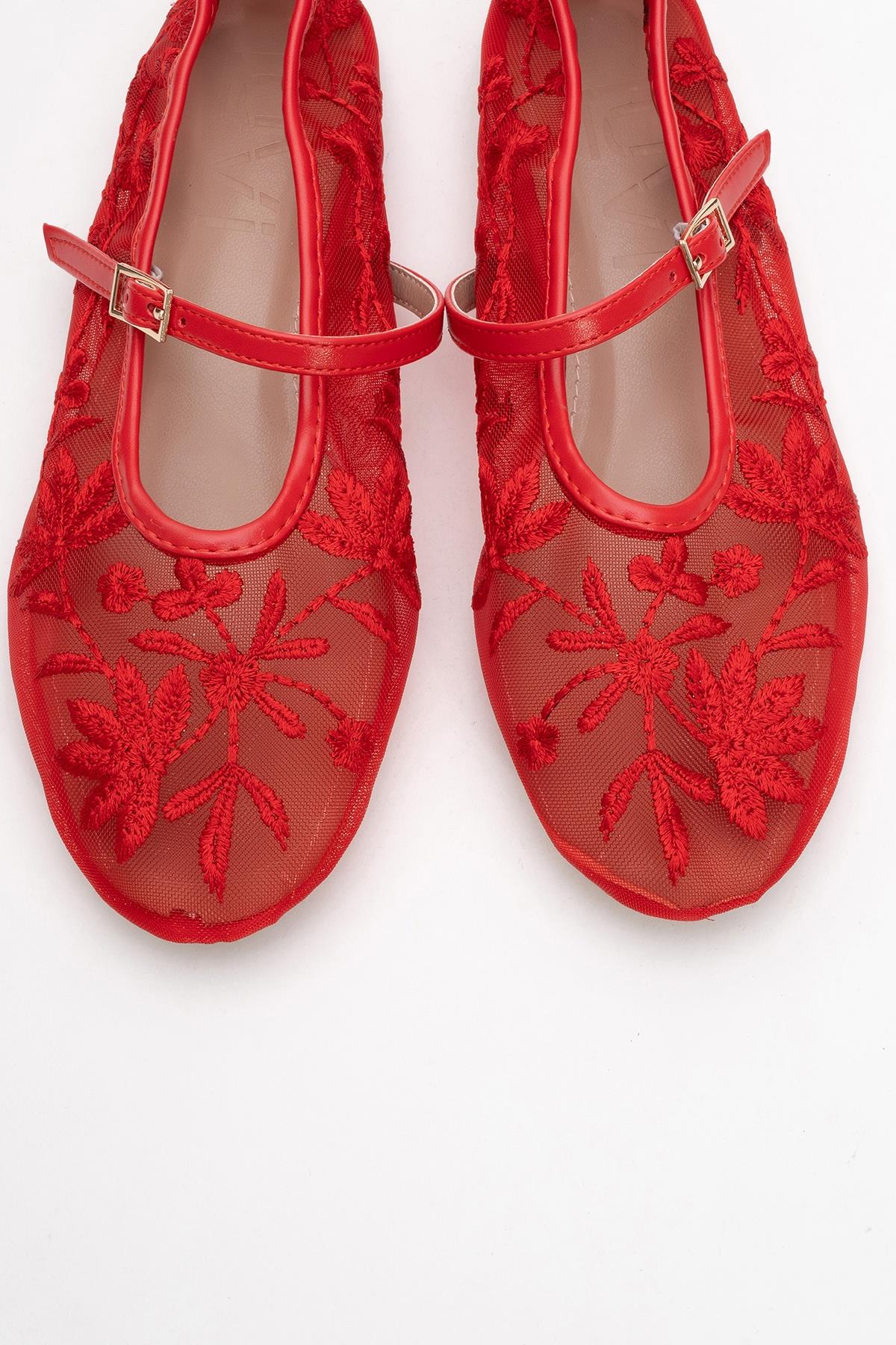 Juny Red Mesh Floral Embroidery Ballet Flat – side view showing leather, mesh, red, Vowalisse