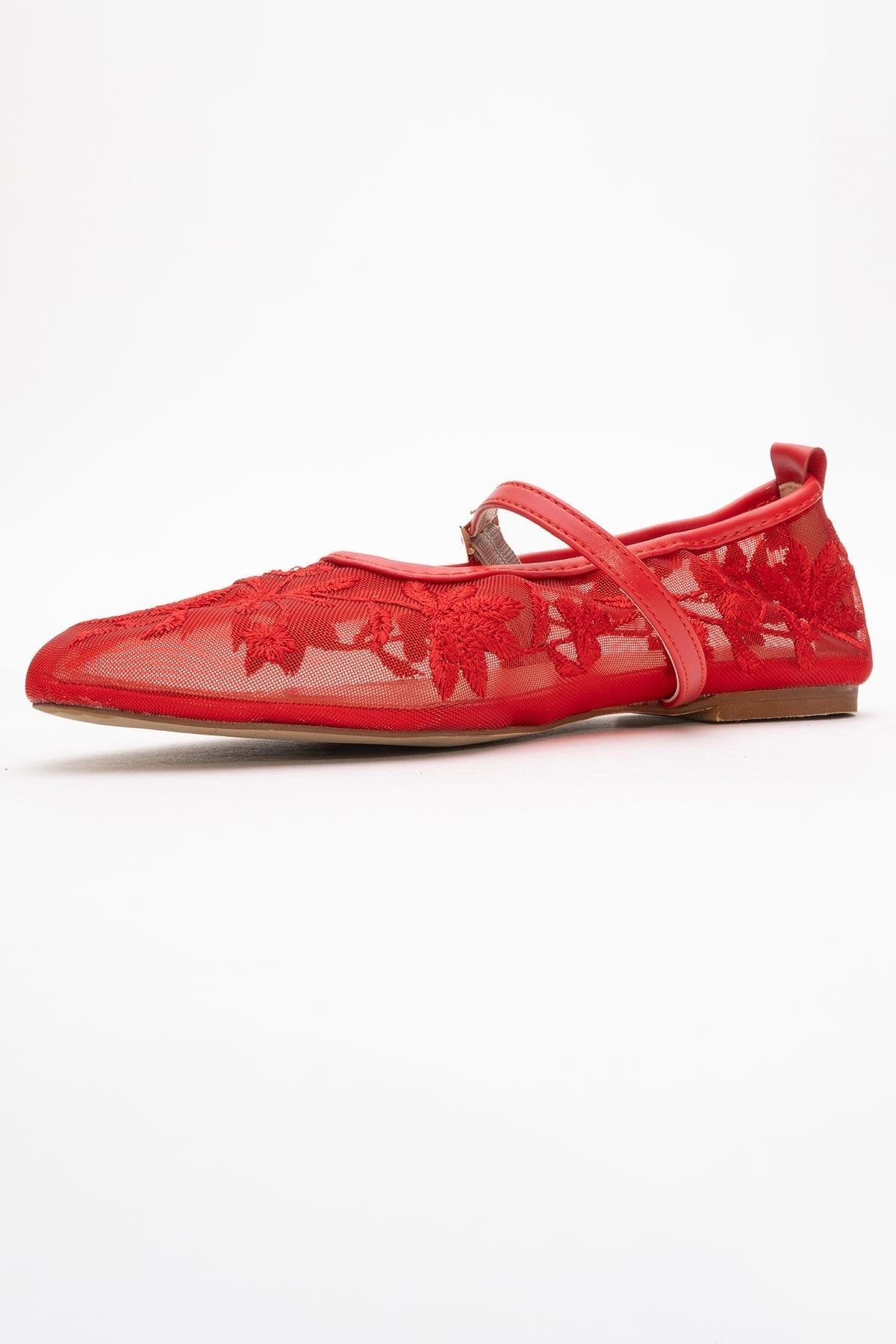 Juny Red Mesh Floral Embroidery Ballet Flat – heel view showing leather, mesh, red, Vowalisse