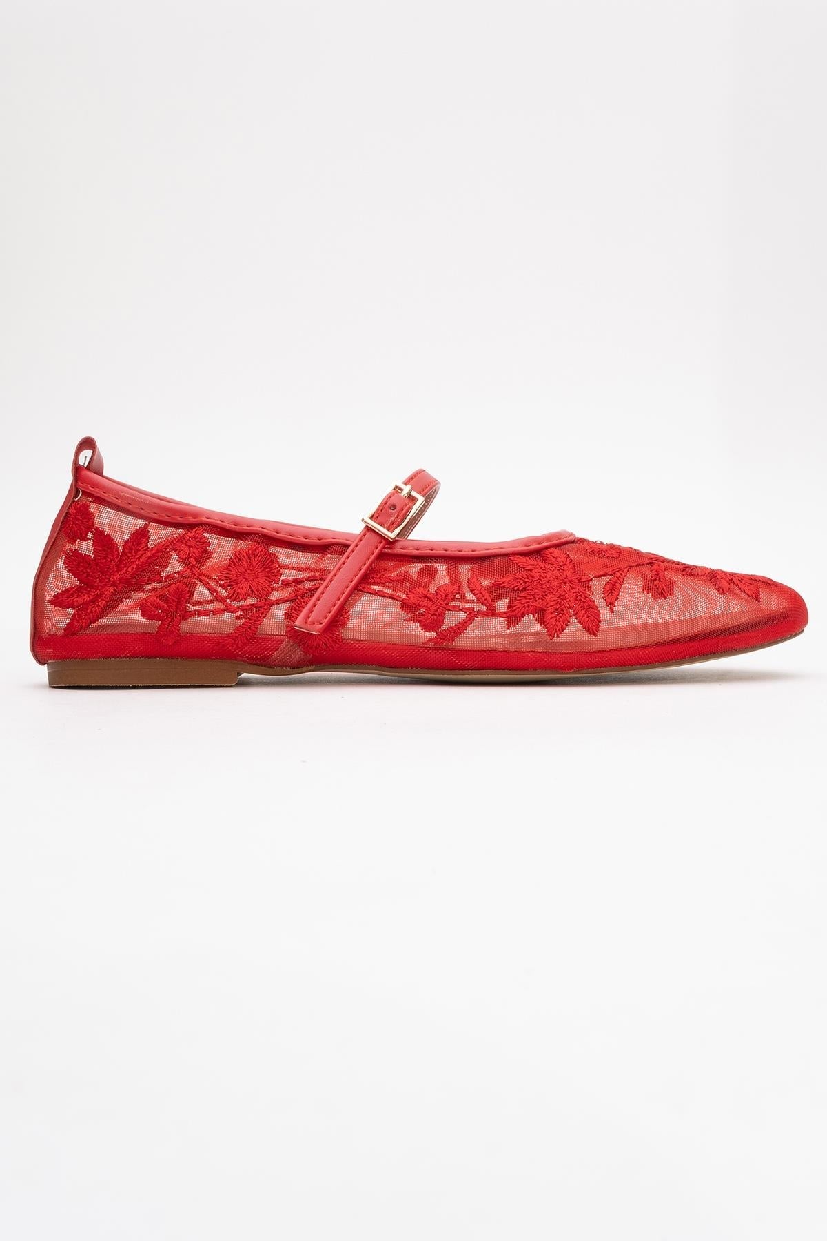 Juny Red Mesh Floral Embroidery Ballet Flat – top view showing leather, mesh, red, Vowalisse
