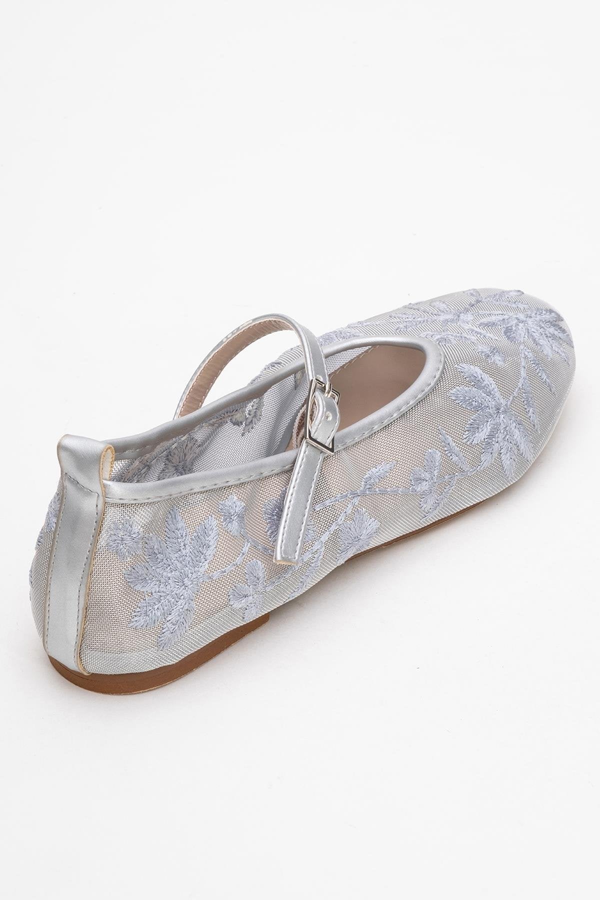 Juny Gray Mesh Floral Embroidery Ballet Flat – back view showing leather, mesh, red, Vowalisse
