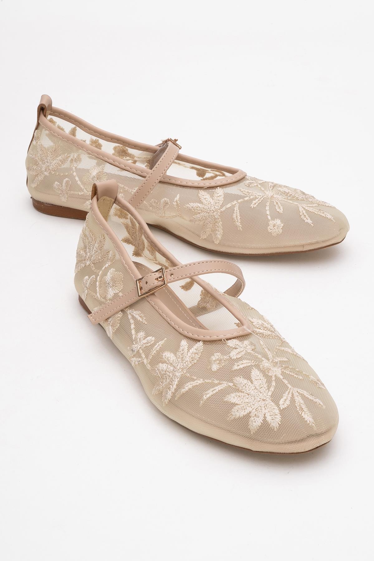 Juny Beige Mesh Floral Embroidery Ballet Flat – front three-quarter view showing leather, mesh, red, Vowalisse