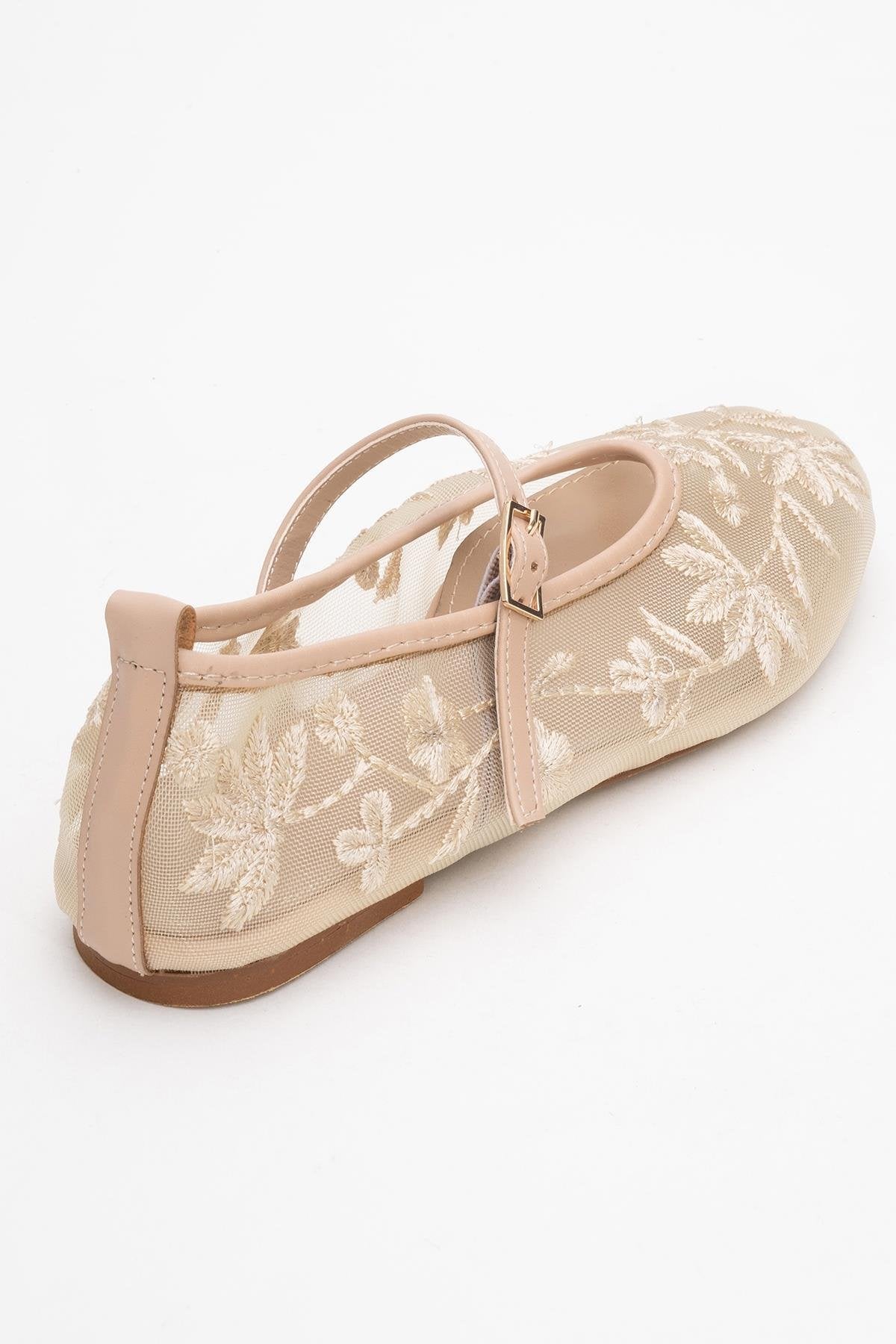 Juny Beige Mesh Floral Embroidery Ballet Flat – back view showing leather, mesh, red, Vowalisse