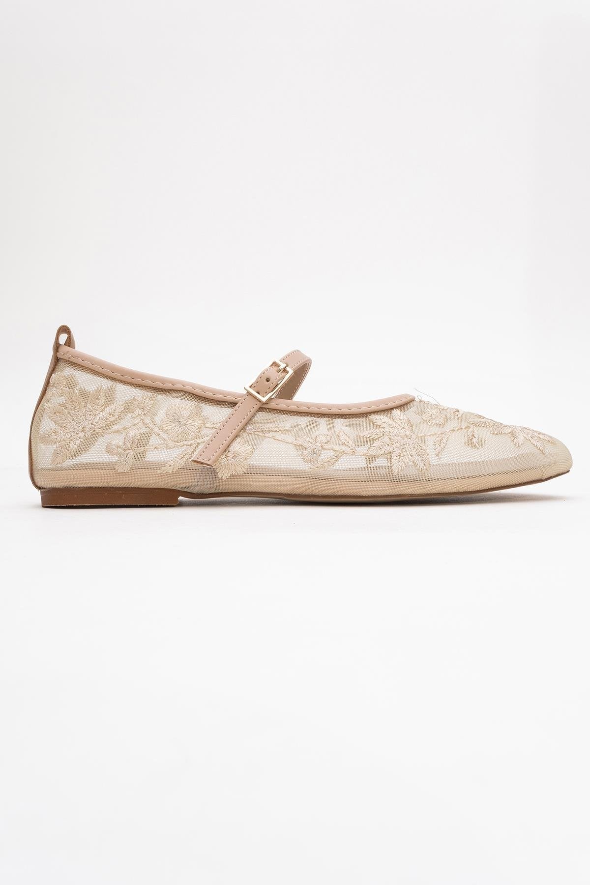 Juny Beige Mesh Floral Embroidery Ballet Flat – top view showing leather, mesh, red, Vowalisse