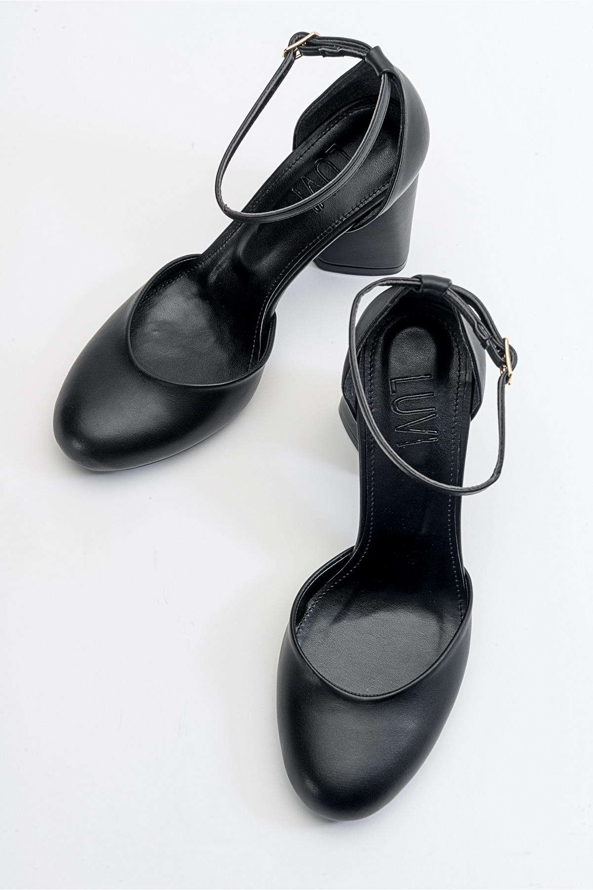 Oslo - Black Heeled Shoe – heel view showing leather, black, Vowalisse