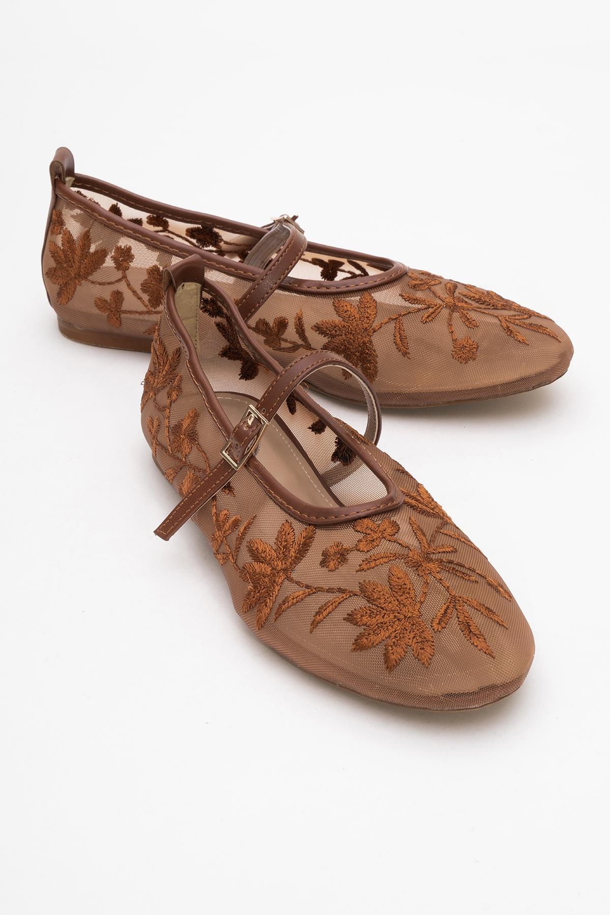 Juny Cognac Brown Mesh Floral Embroidery Ballet Flat – front three-quarter view showing leather, mesh, red, Vowalisse