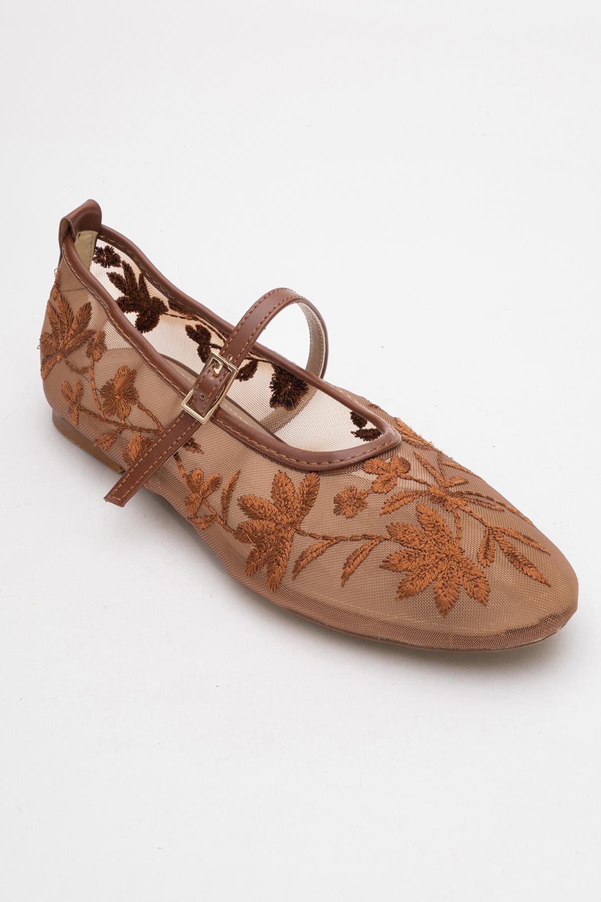 Juny Cognac Brown Mesh Floral Embroidery Ballet Flat – detail view showing leather, mesh, red, Vowalisse