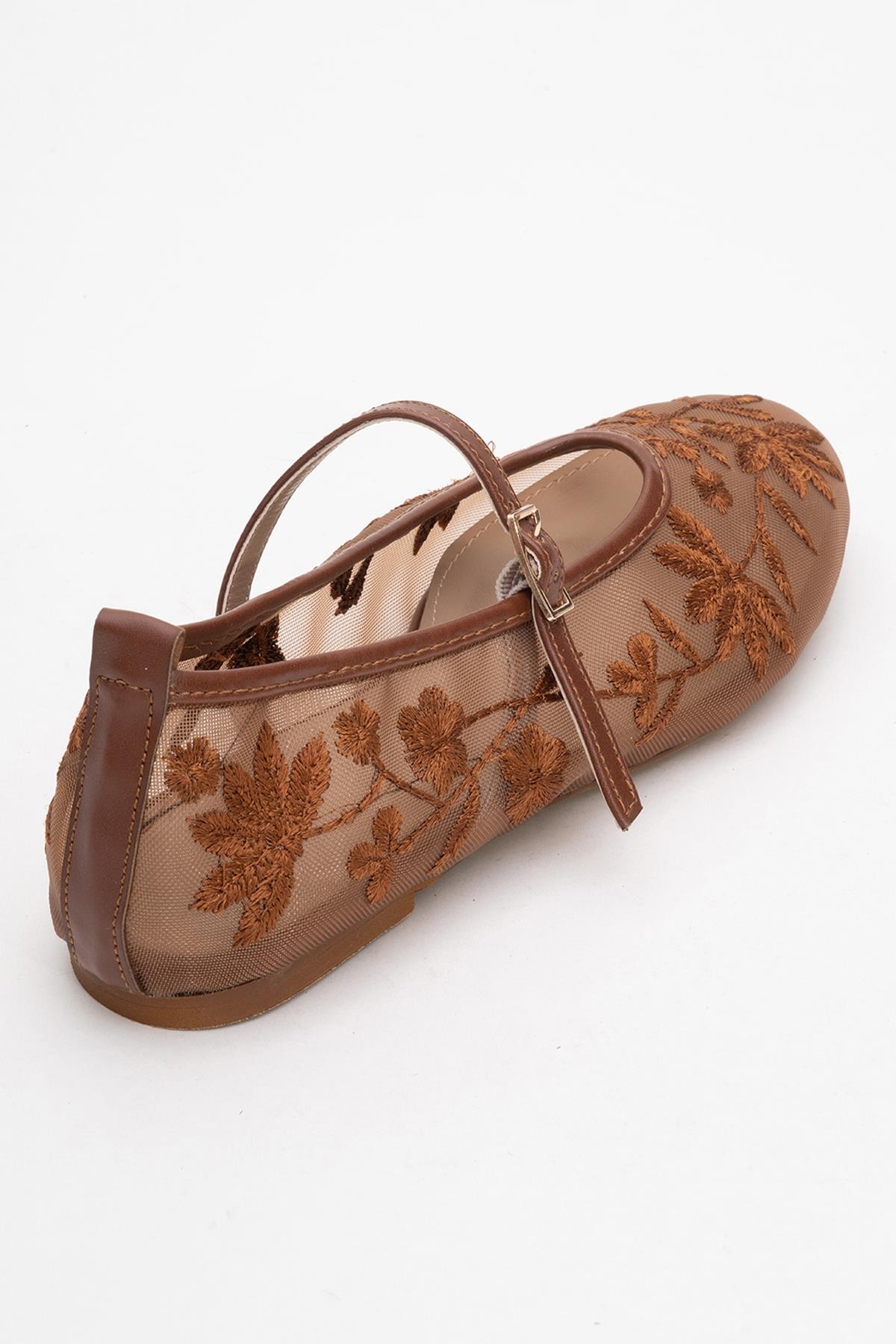 Juny Cognac Brown Mesh Floral Embroidery Ballet Flat – back view showing leather, mesh, red, Vowalisse