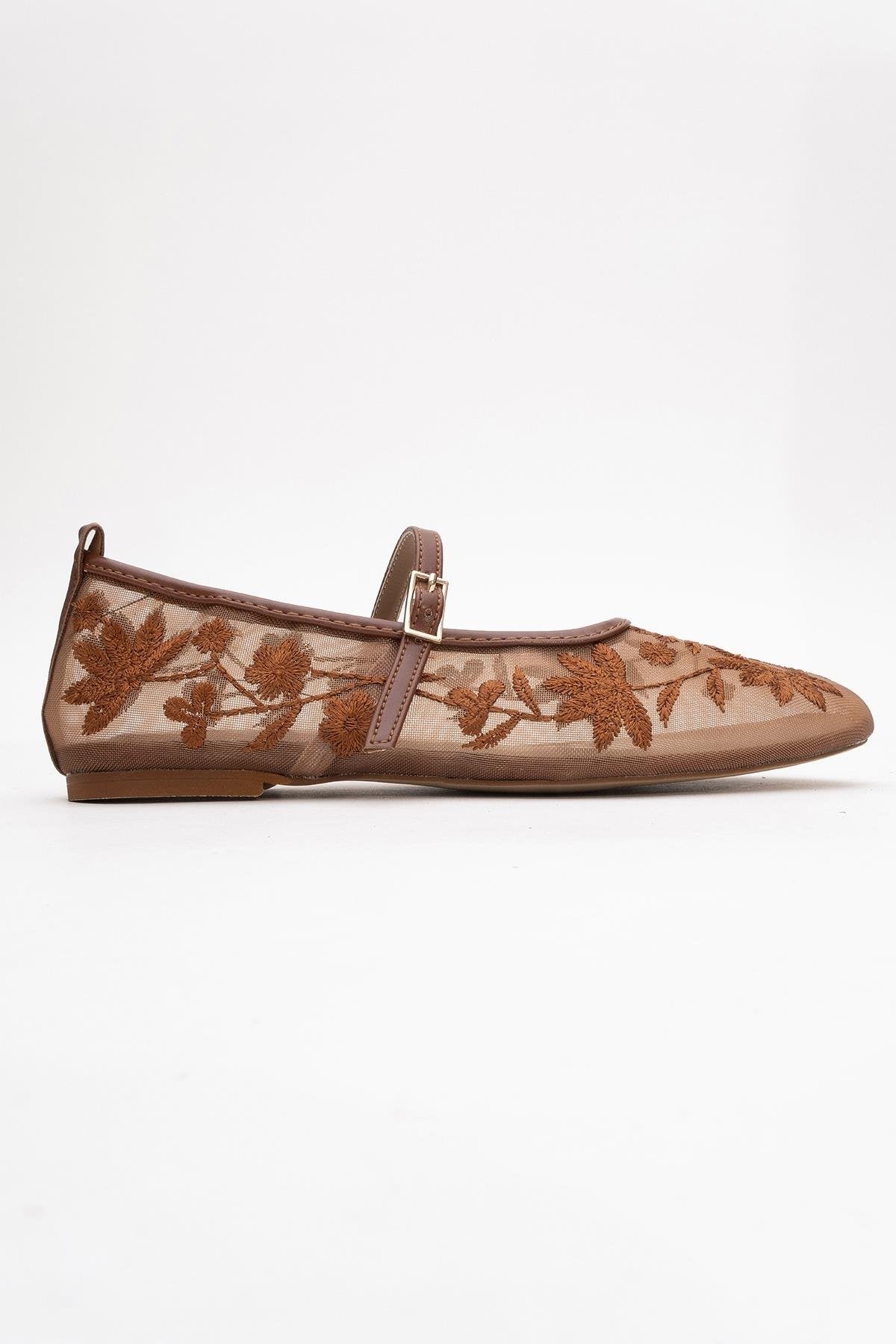 Juny Cognac Brown Mesh Floral Embroidery Ballet Flat – top view showing leather, mesh, red, Vowalisse