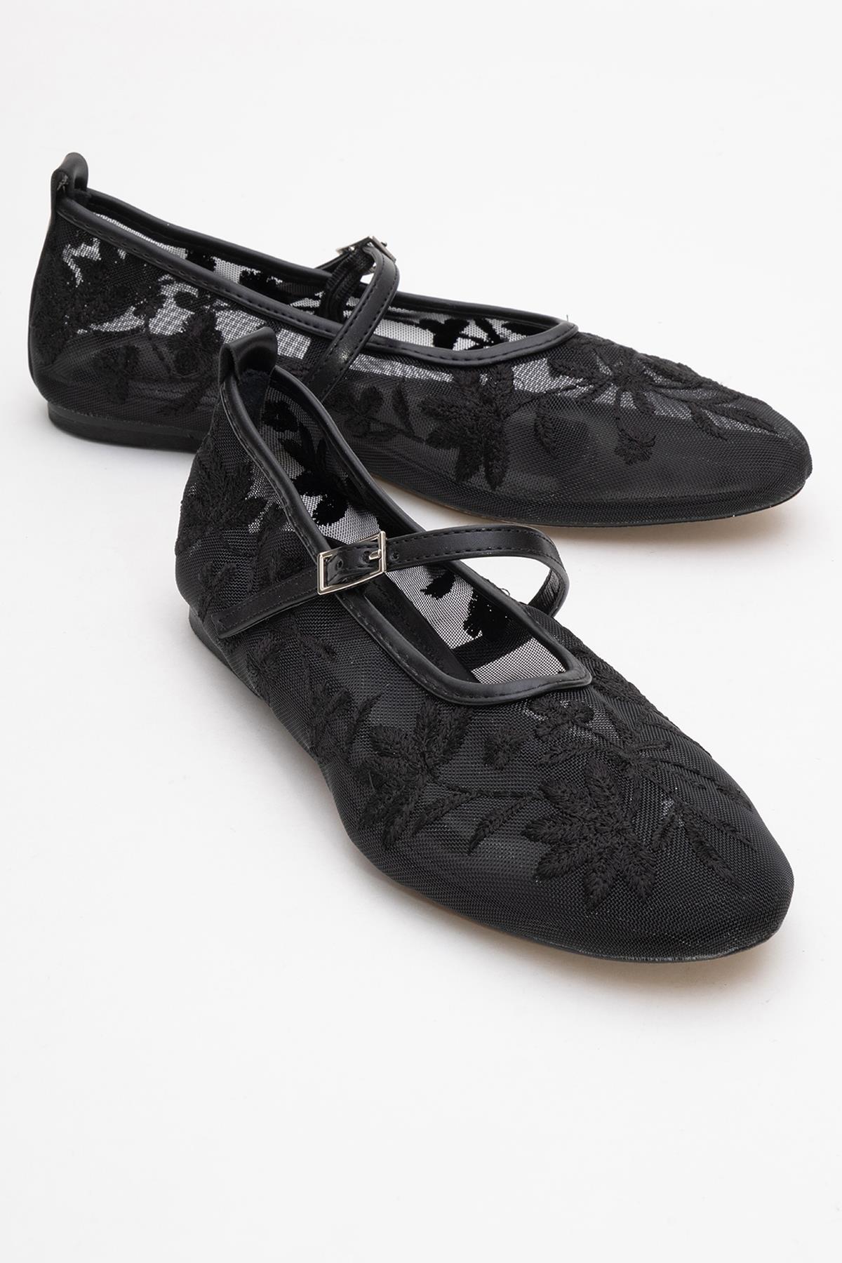 Juny Black Mesh Floral Embroidery Ballet Flat – front three-quarter view showing leather, mesh, black, Vowalisse