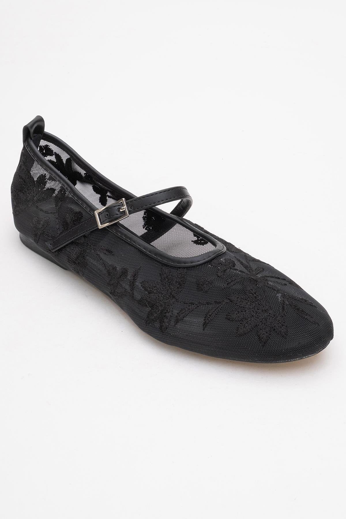 Juny Black Mesh Floral Embroidery Ballet Flat – detail view showing leather, mesh, black, Vowalisse