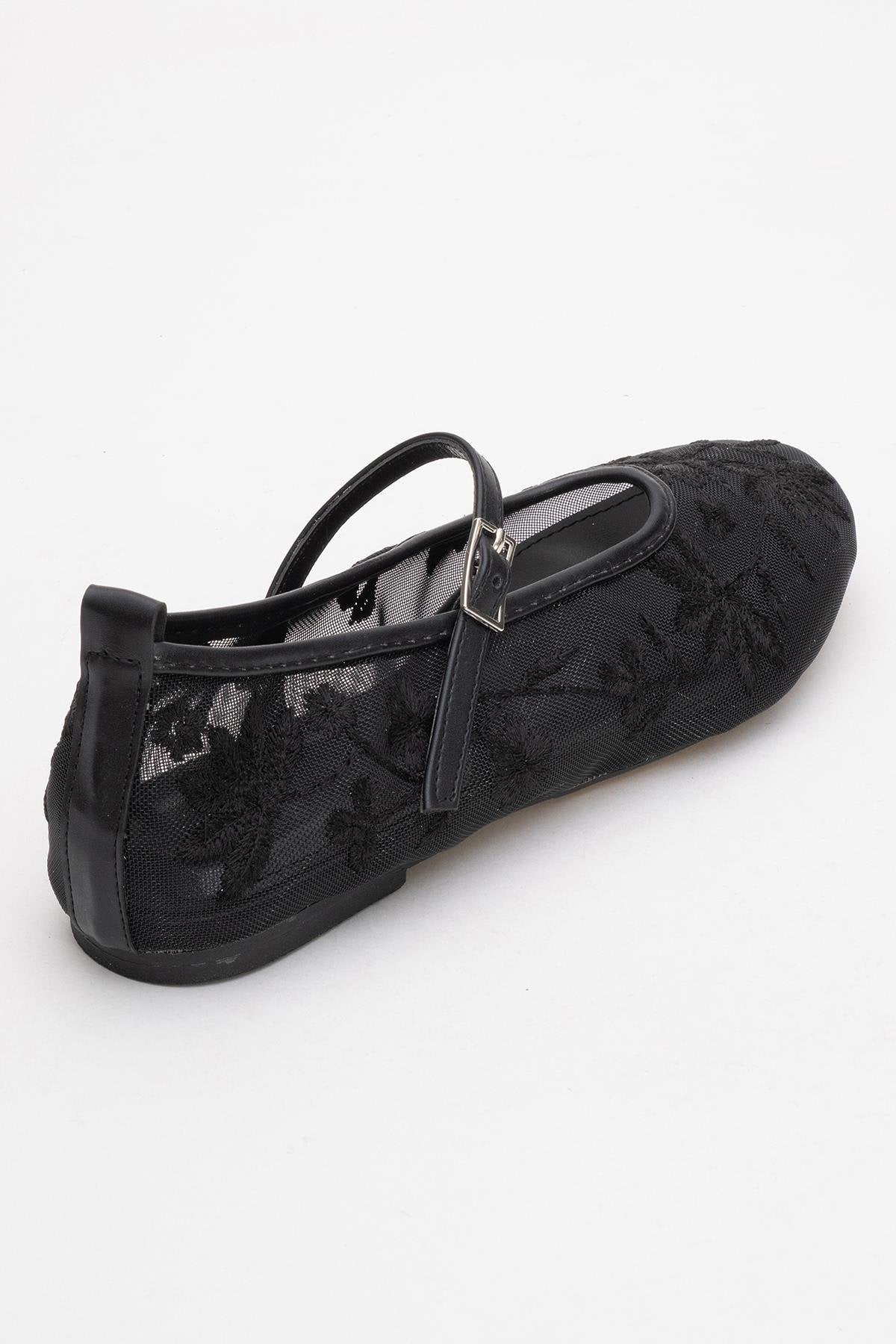 Juny Black Mesh Floral Embroidery Ballet Flat – back view showing leather, mesh, black, Vowalisse