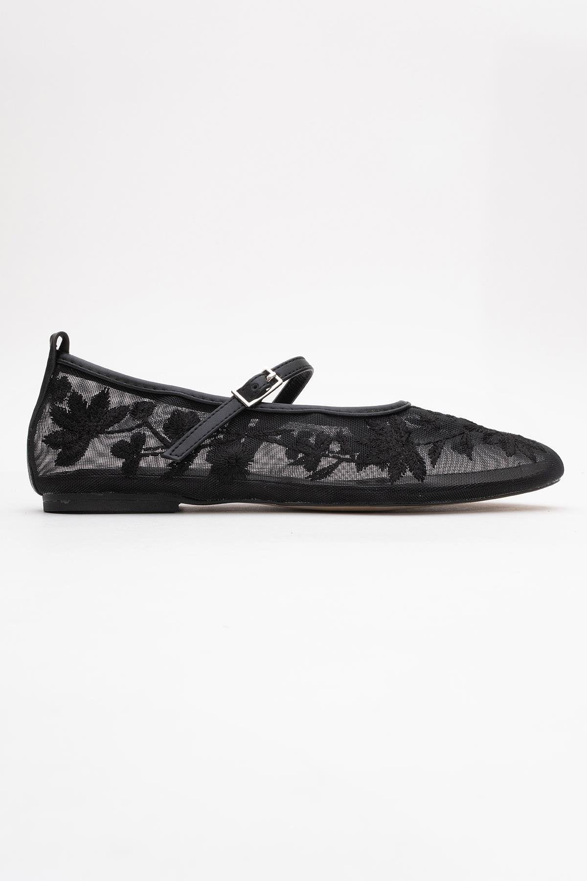 Juny Black Mesh Floral Embroidery Ballet Flat – top view showing leather, mesh, black, Vowalisse