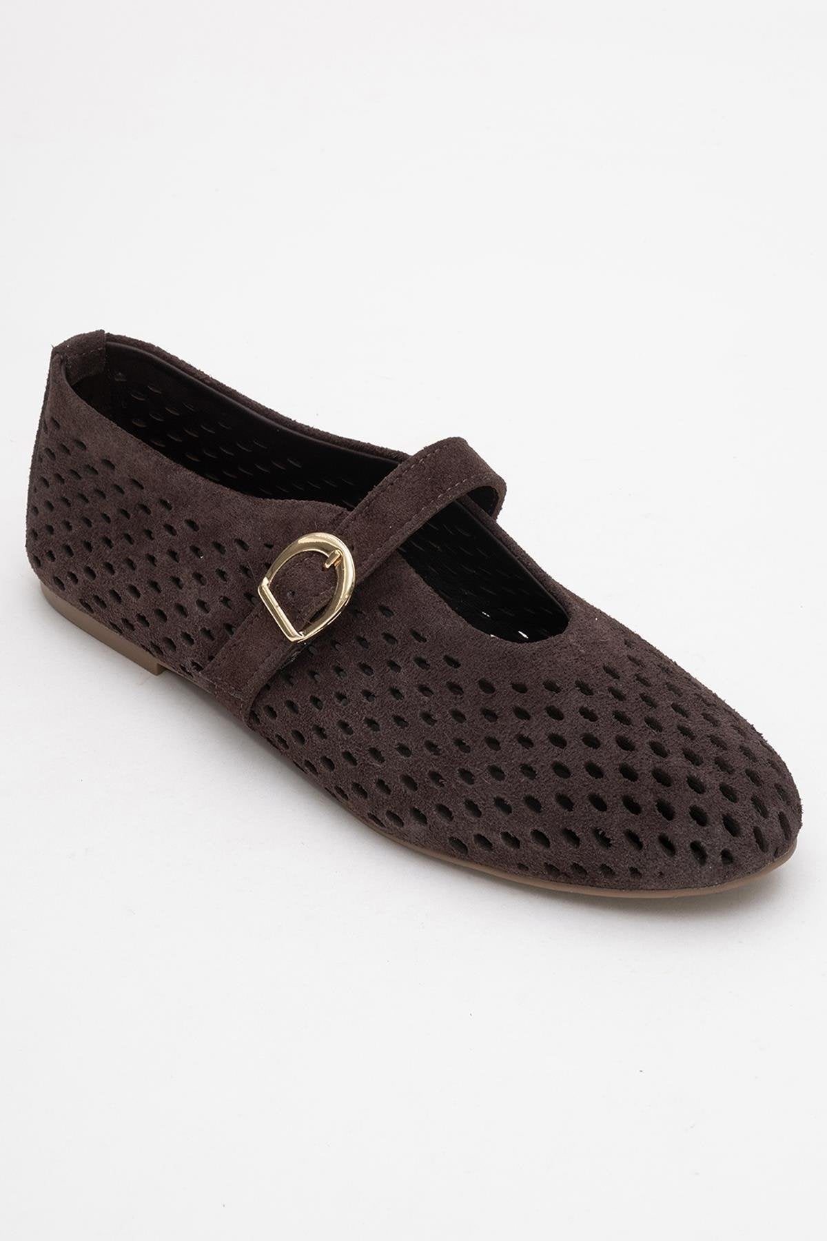 Arian - Brown Genuine Leather Ballet Flat – detail view showing leather, Vowalisse
