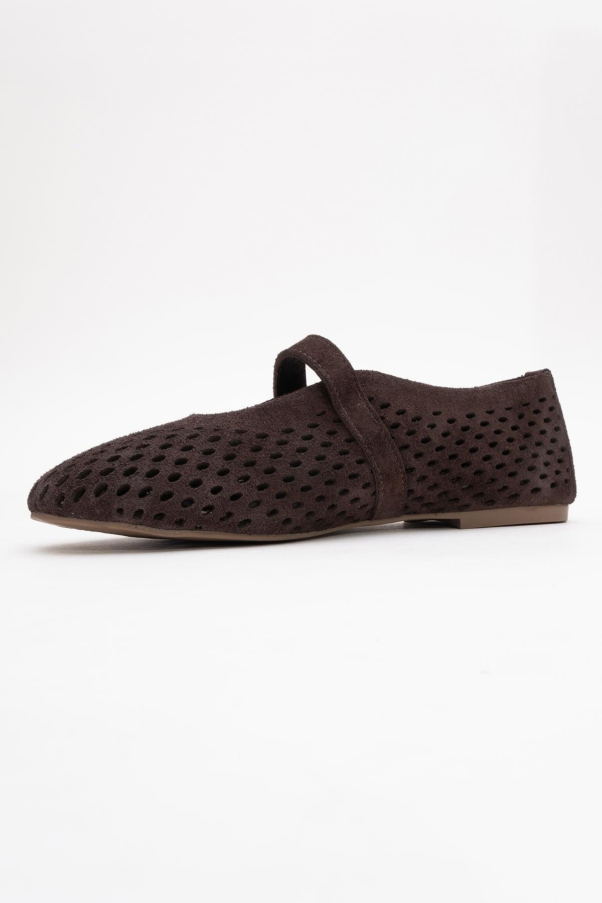 Arian - Brown Genuine Leather Ballet Flat – heel view showing leather, Vowalisse