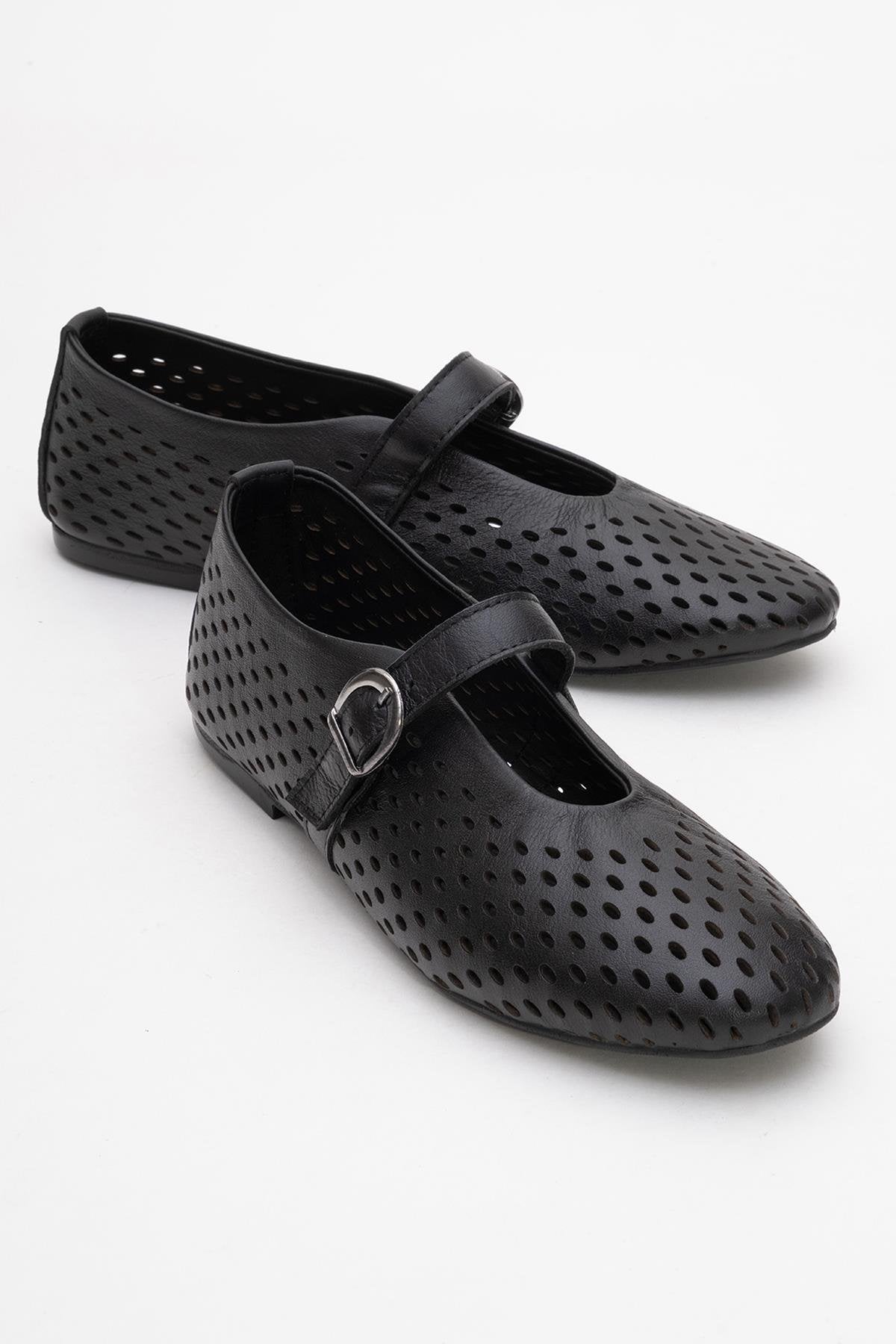 Arian Black Suede Leather Ballet Flat – front three-quarter view showing leather, suede, black, Vowalisse