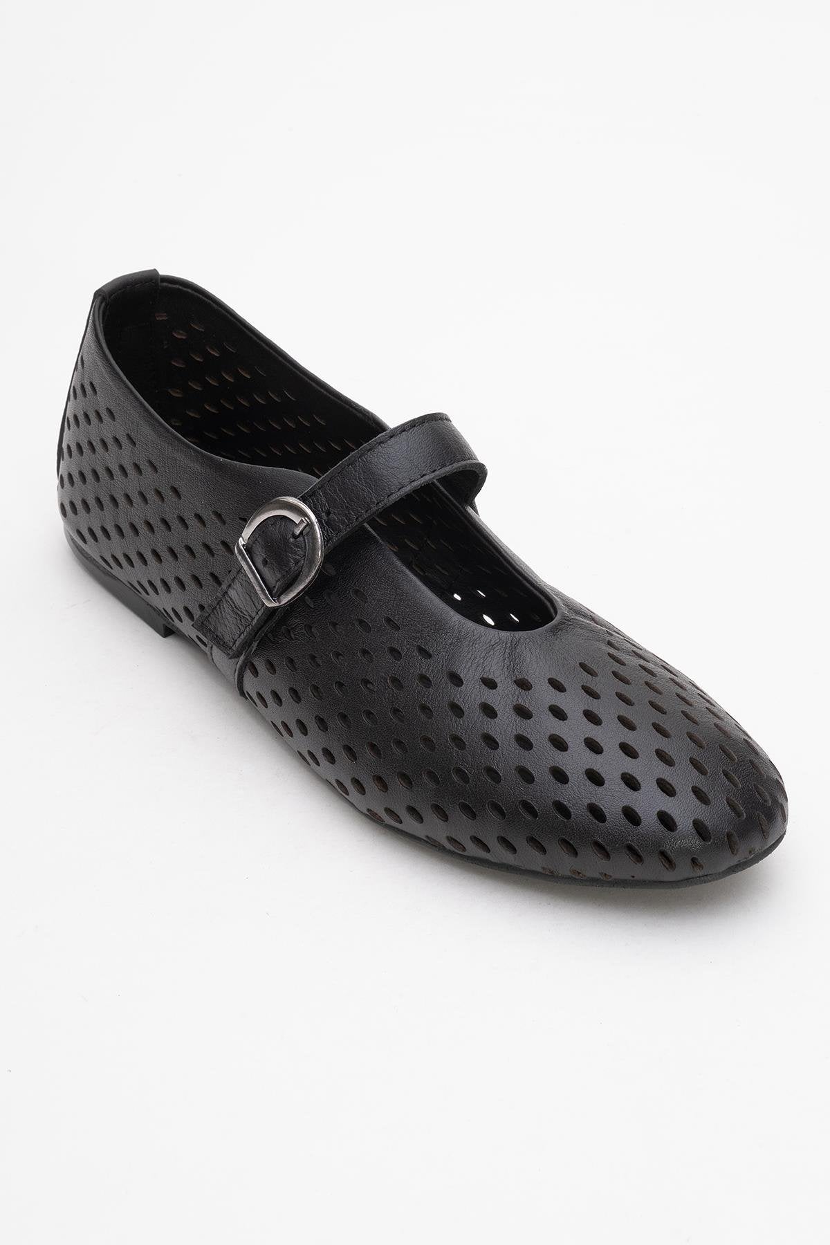 Arian Black Suede Leather Ballet Flat – detail view showing leather, suede, black, Vowalisse