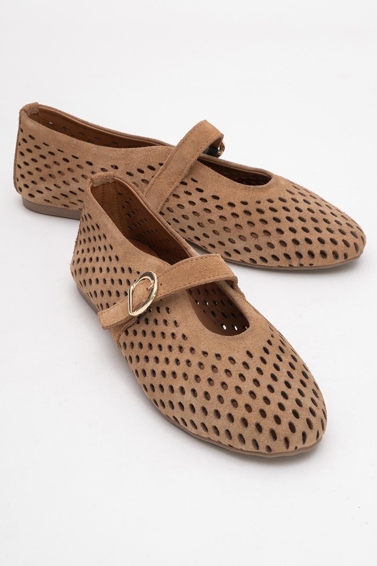 Arian Cognac Brown Suede Leather Ballet Flat – front three-quarter view showing leather, suede, red, Vowalisse