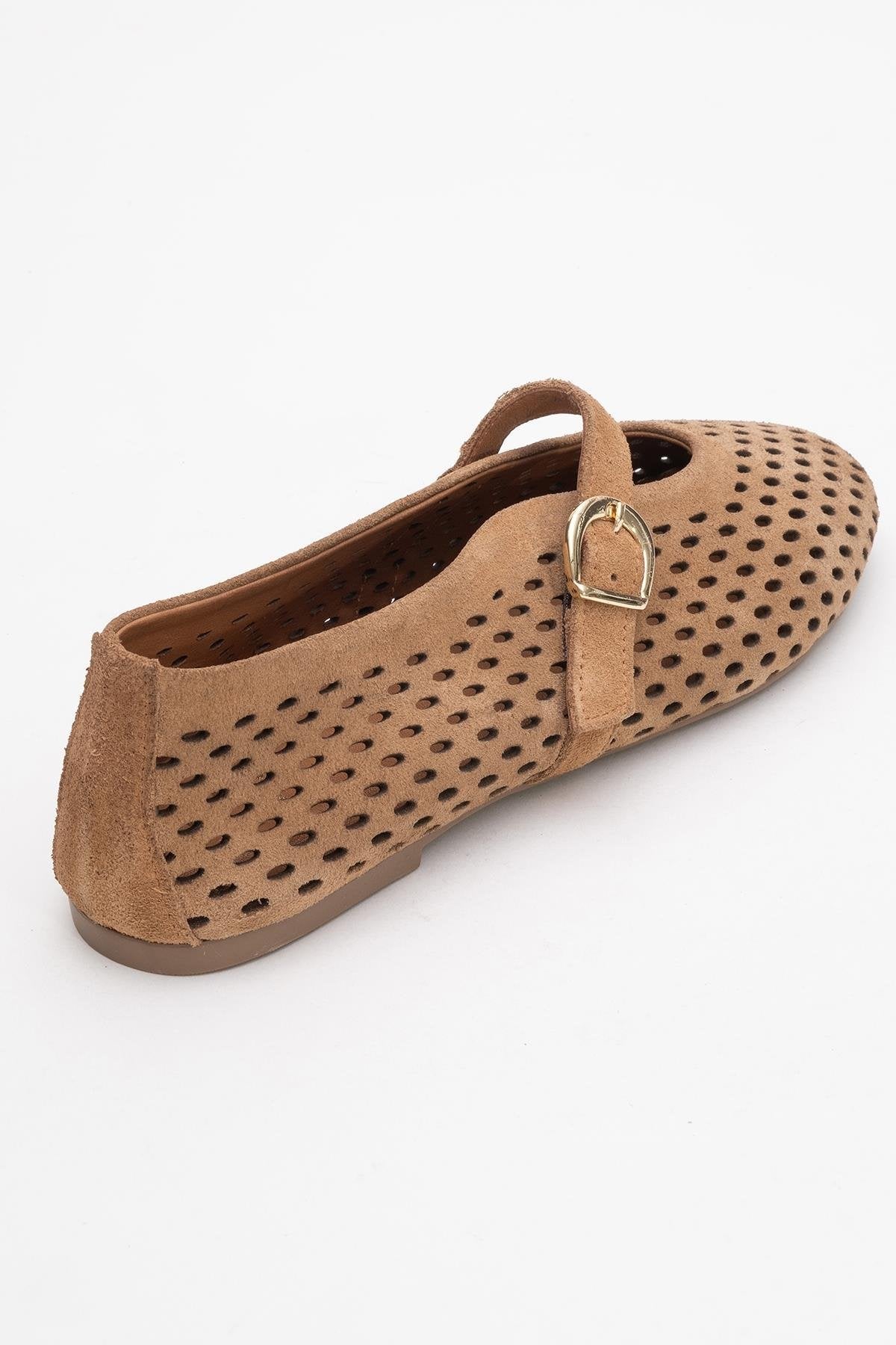 Arian Cognac Brown Suede Leather Ballet Flat – back view showing leather, suede, red, Vowalisse