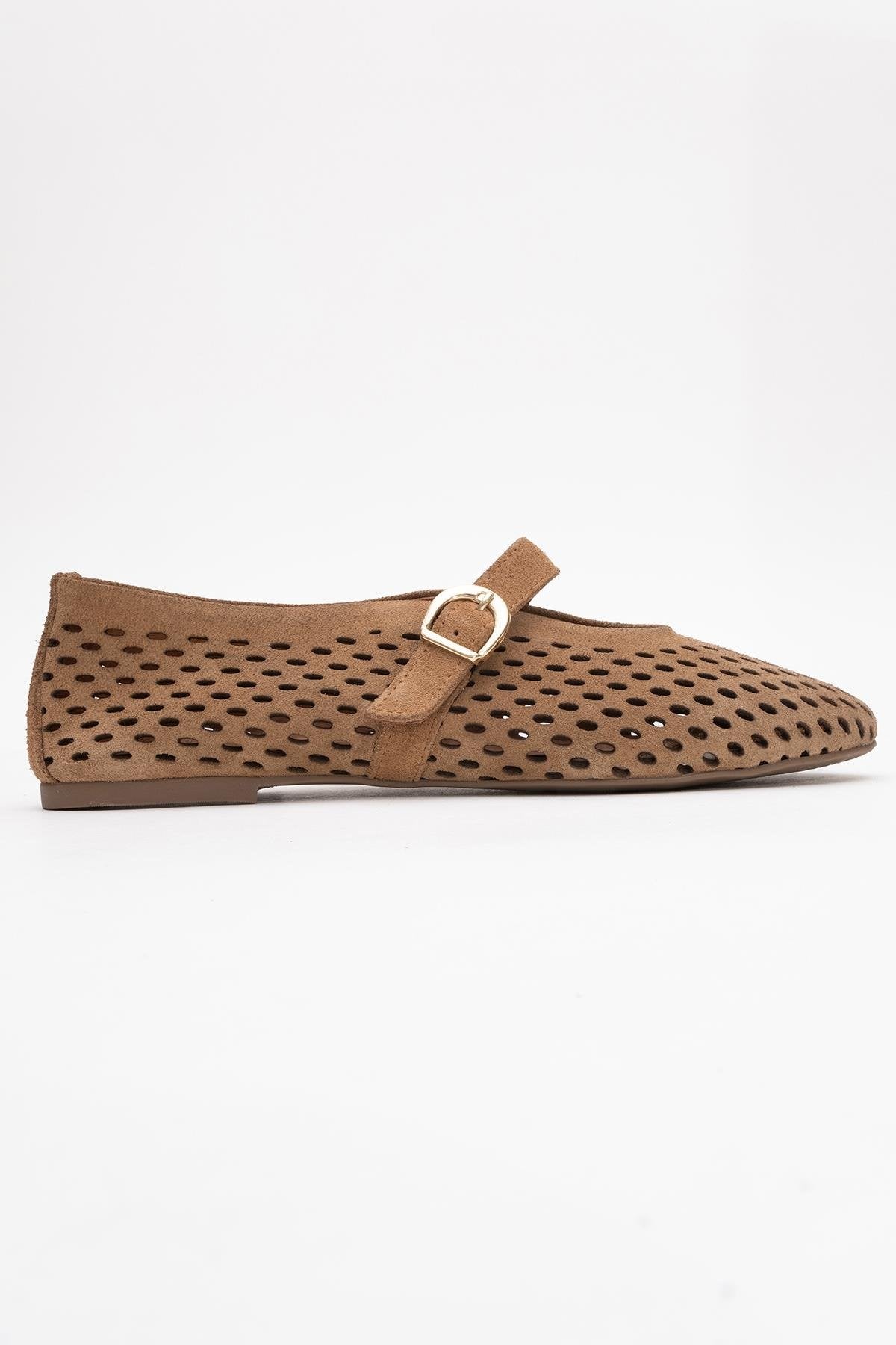 Arian Cognac Brown Suede Leather Ballet Flat – top view showing leather, suede, red, Vowalisse
