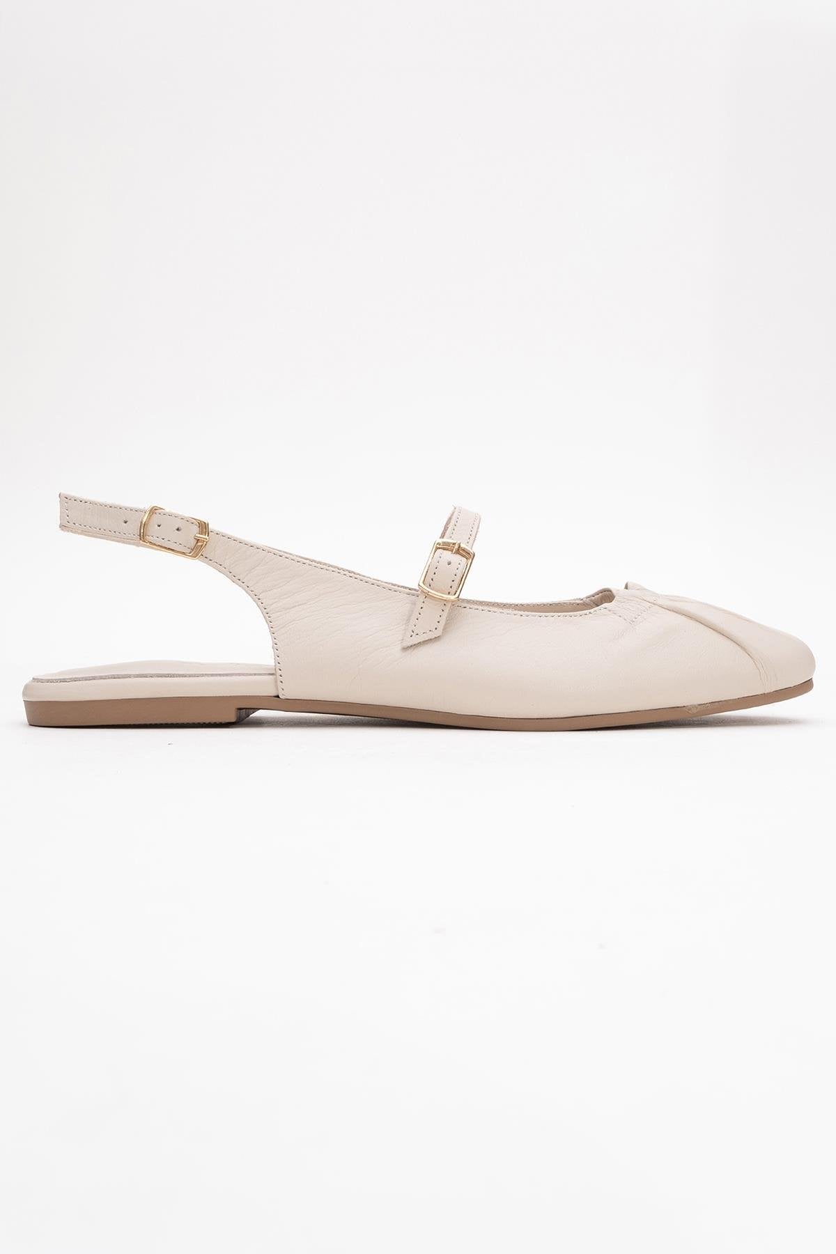 BRITNEY Beige Leather Closed-Toe Sandal – top view showing leather, red, Vowalisse