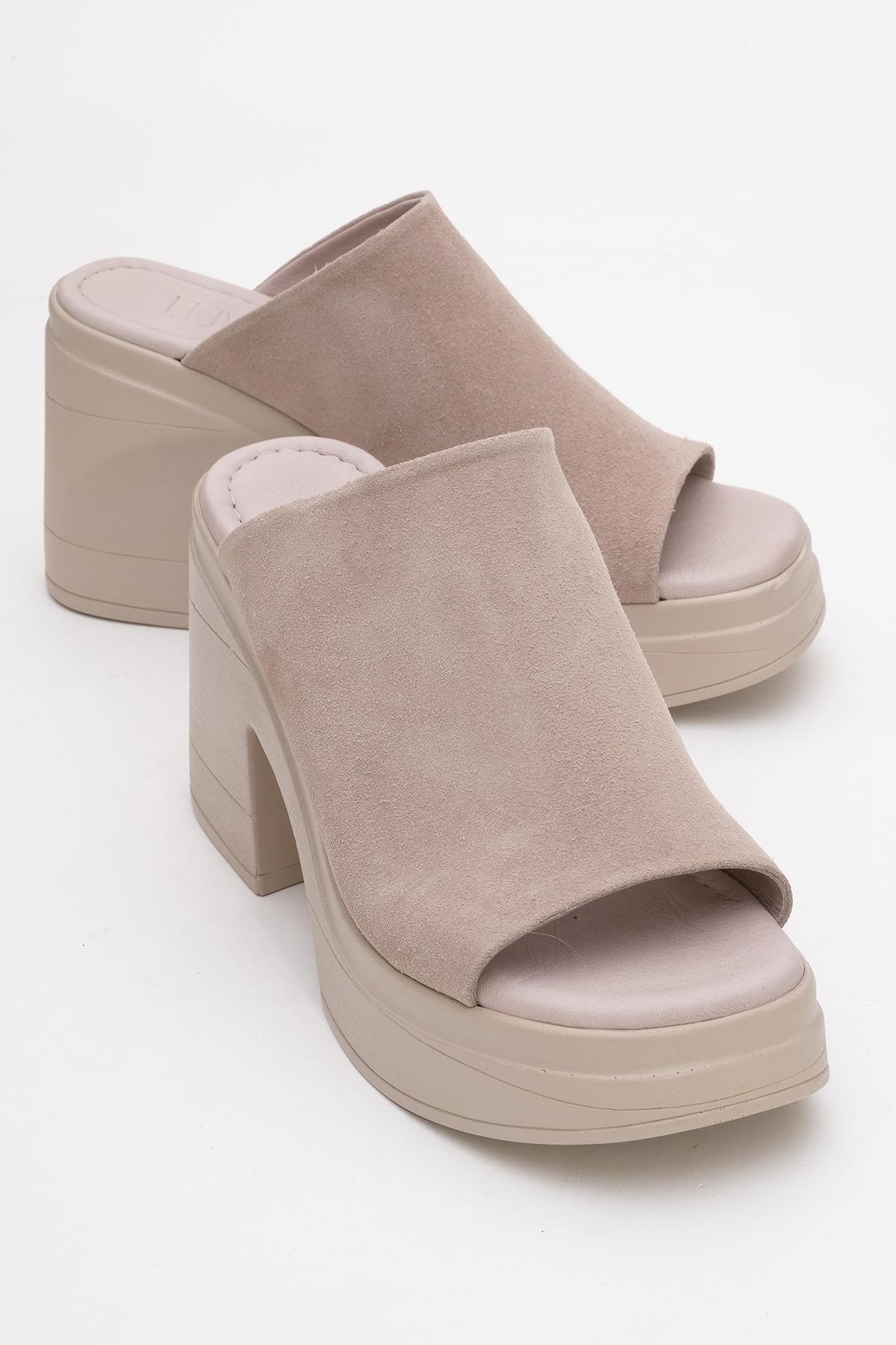 Nola - Dark Beige Suede Leather Heeled Mules – front three-quarter view showing leather, suede, Vowalisse