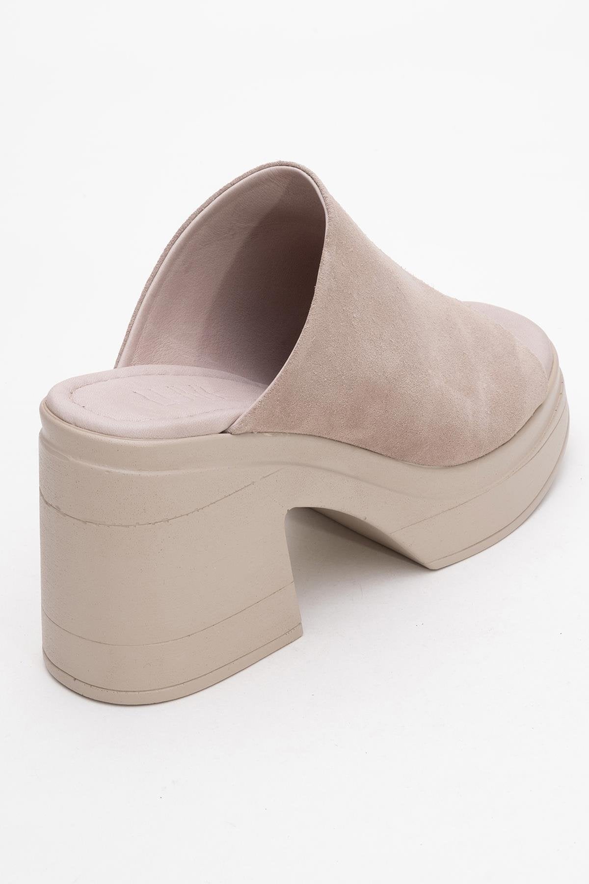 Nola - Dark Beige Suede Leather Heeled Mules – back view showing leather, suede, Vowalisse