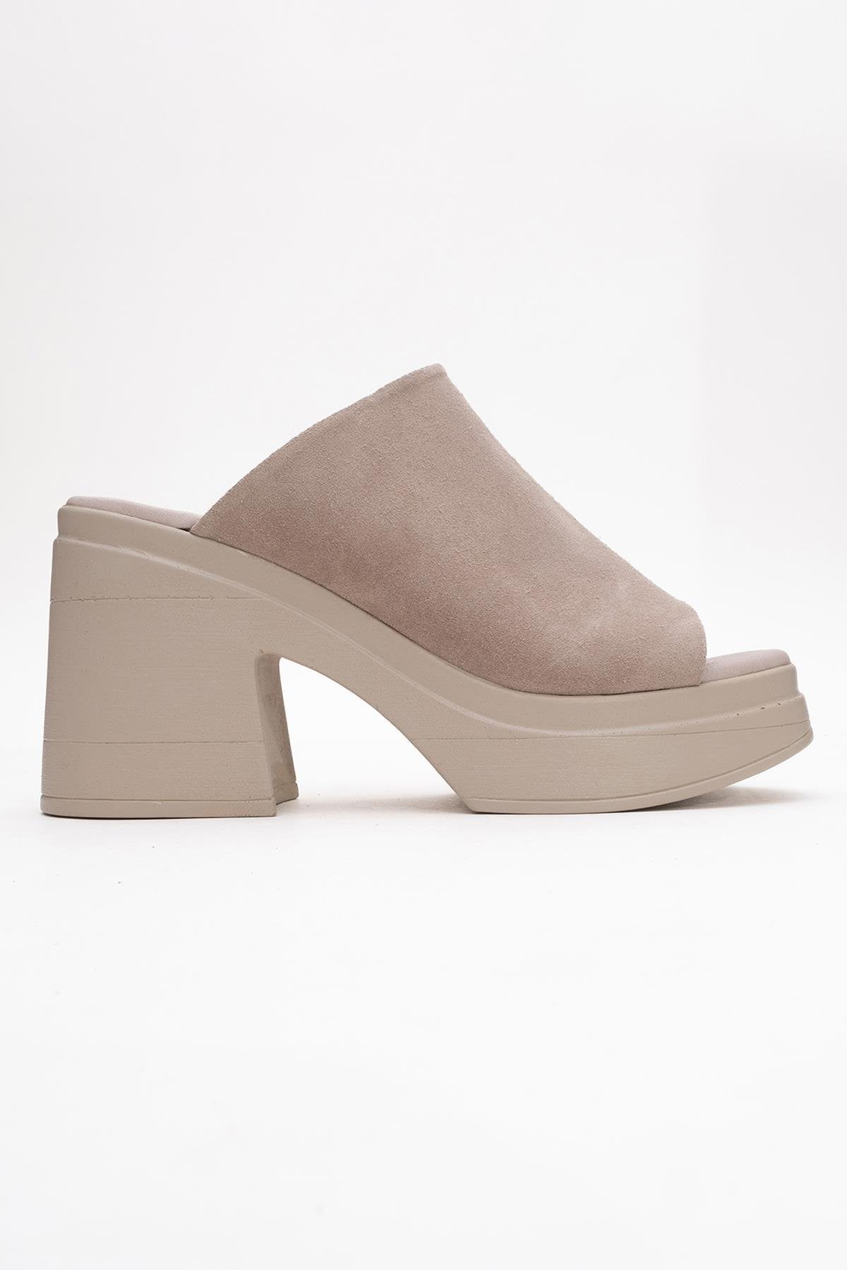 Nola - Dark Beige Suede Leather Heeled Mules – top view showing leather, suede, Vowalisse