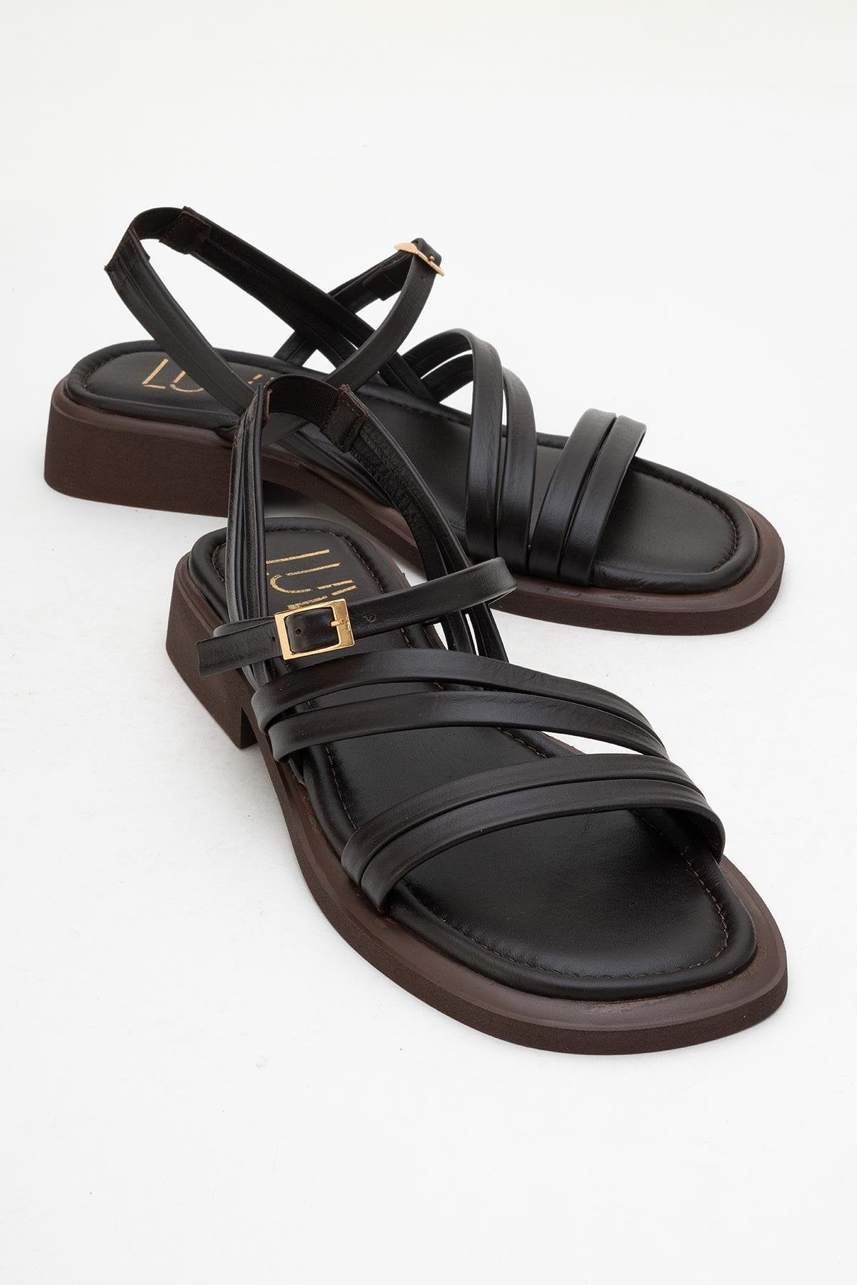 Cesar - Dark Brown Leather Sandals – front three-quarter view showing leather, Vowalisse
