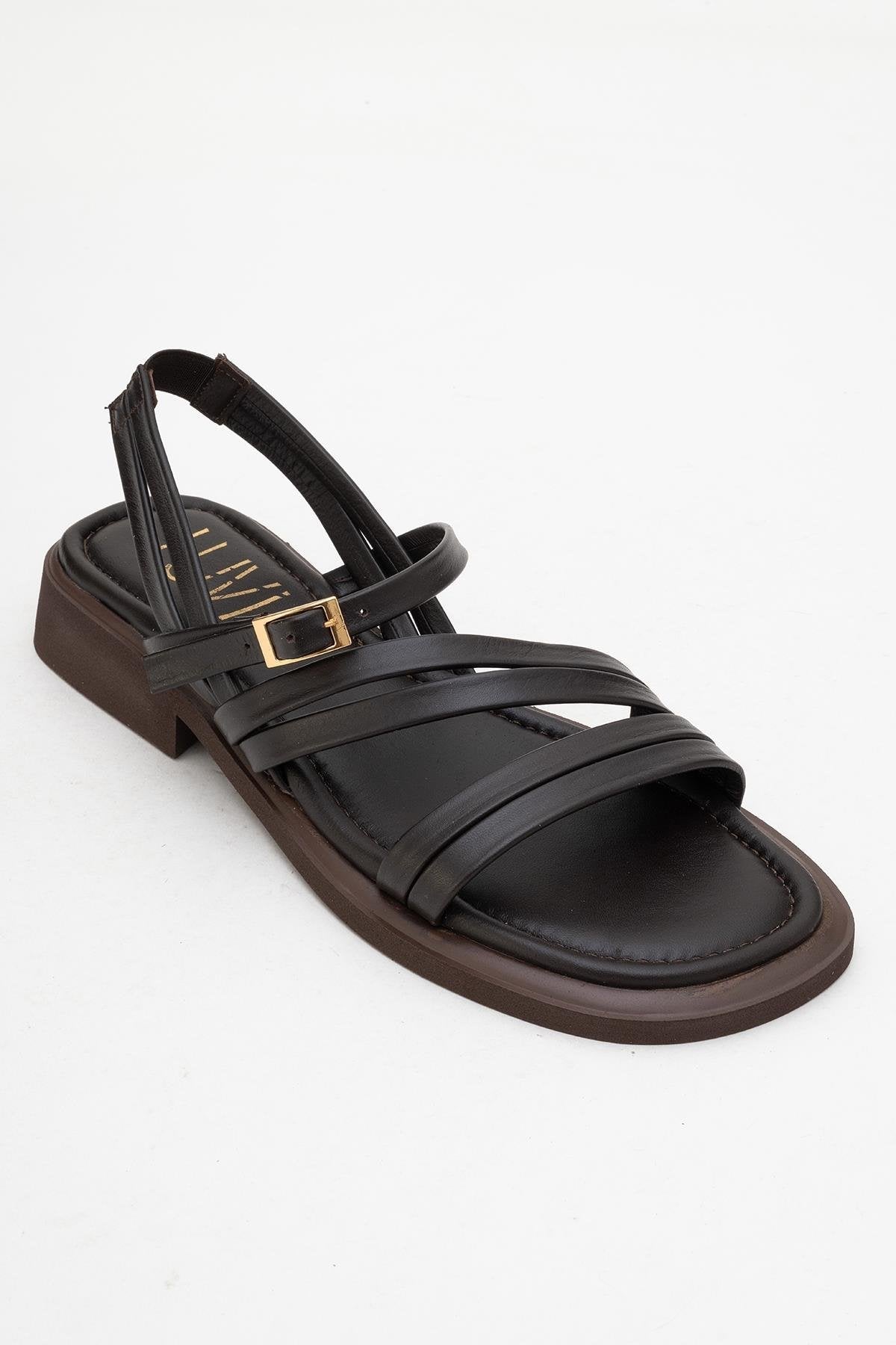Cesar - Dark Brown Leather Sandals – detail view showing leather, Vowalisse