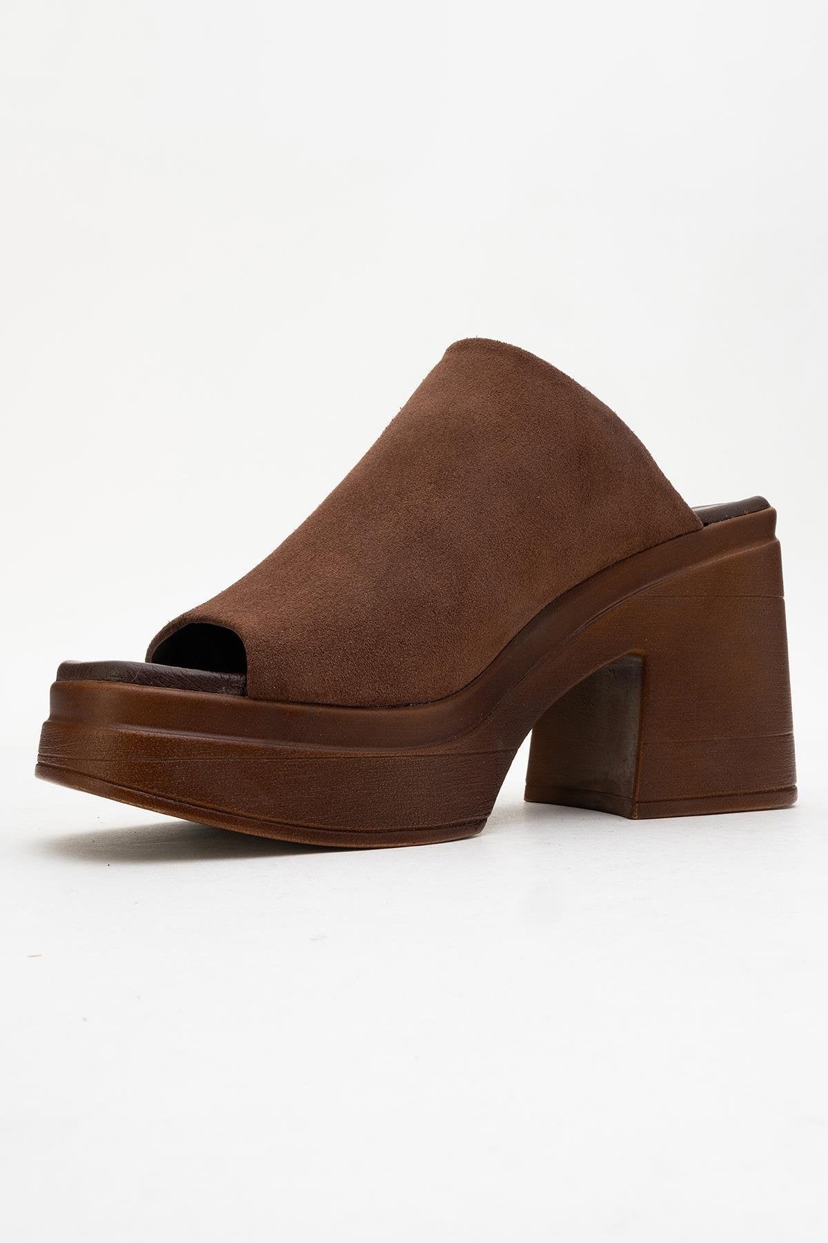 Nola - Dark Brown Suede Leather Heeled Mules – heel view showing leather, suede, Vowalisse