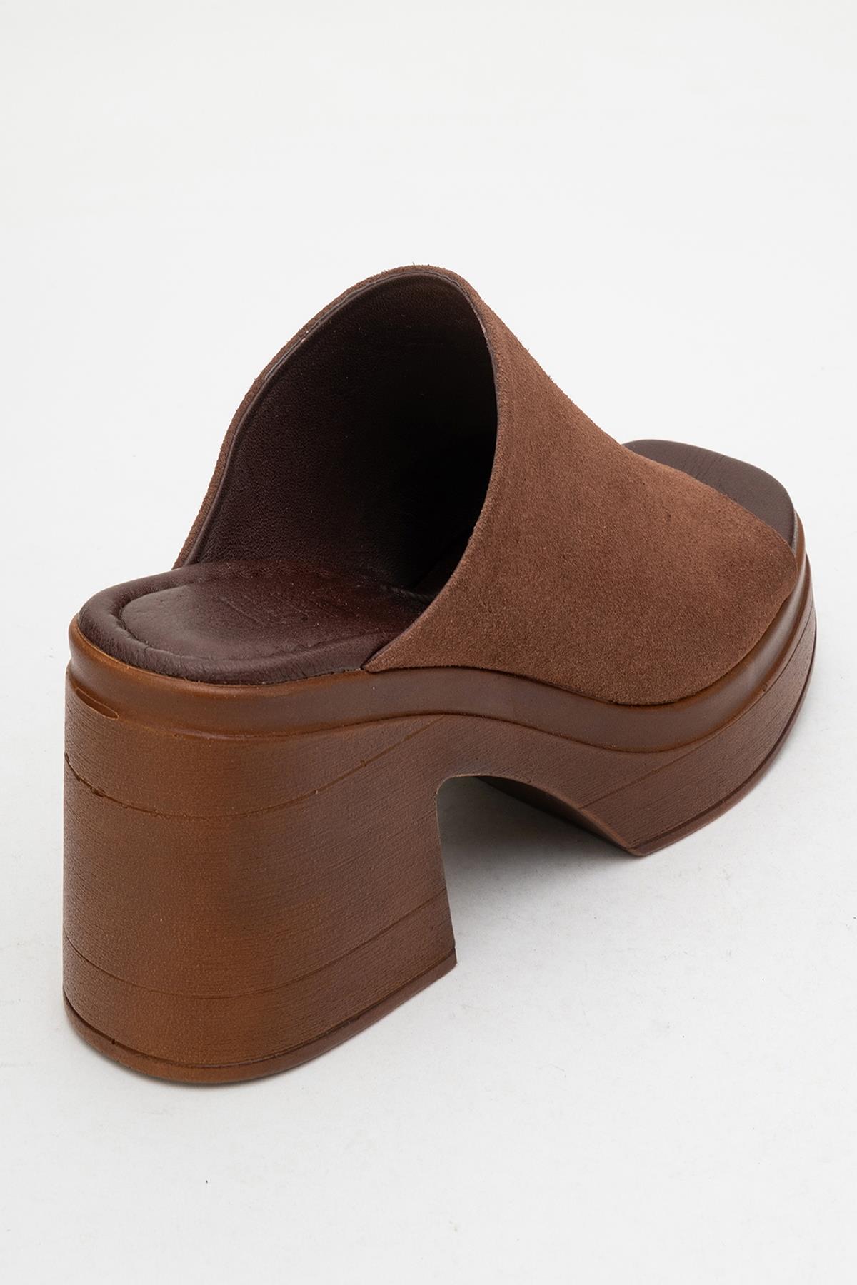 Nola - Dark Brown Suede Leather Heeled Mules – back view showing leather, suede, Vowalisse