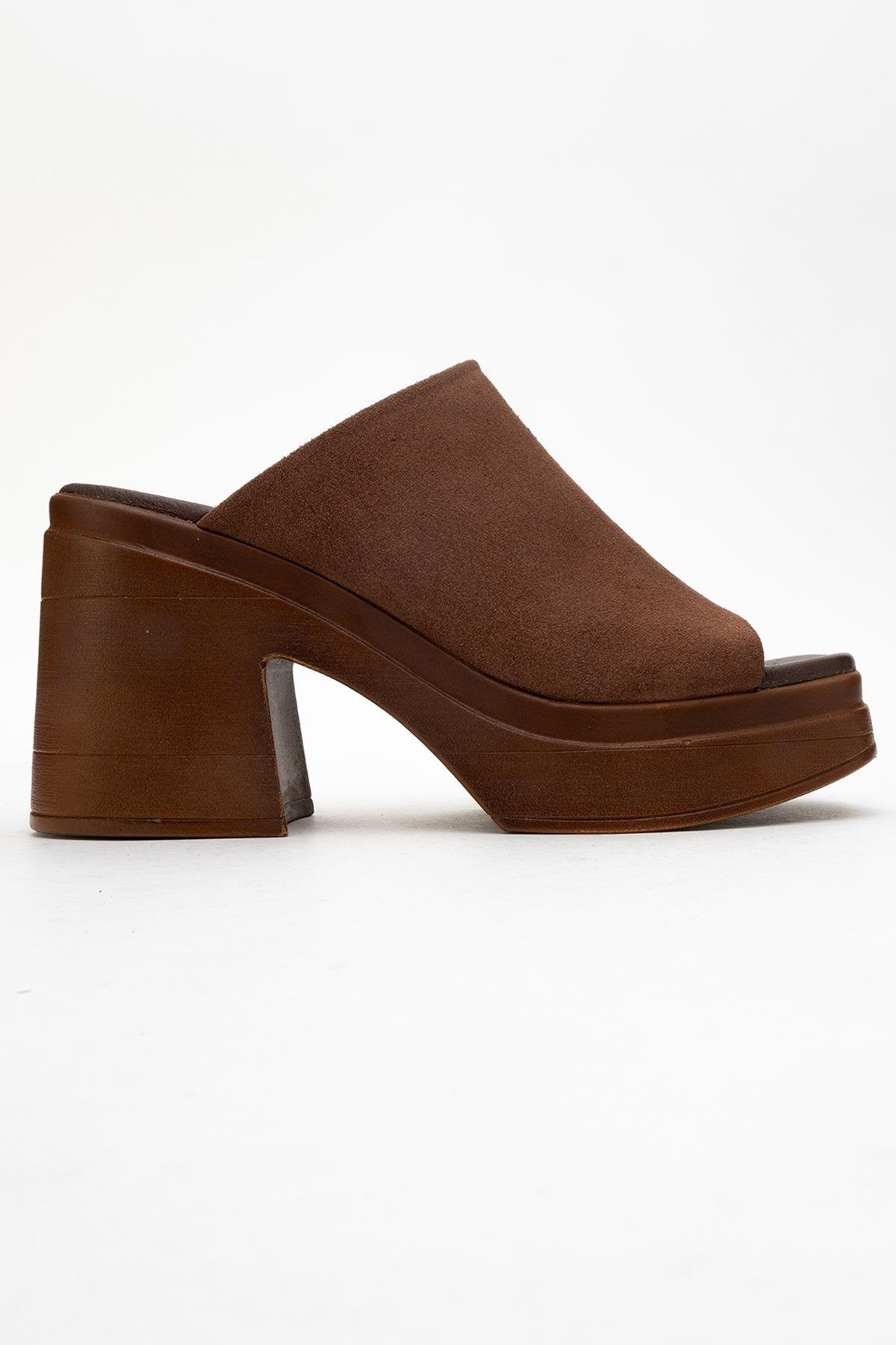 Nola - Dark Brown Suede Leather Heeled Mules – top view showing leather, suede, Vowalisse