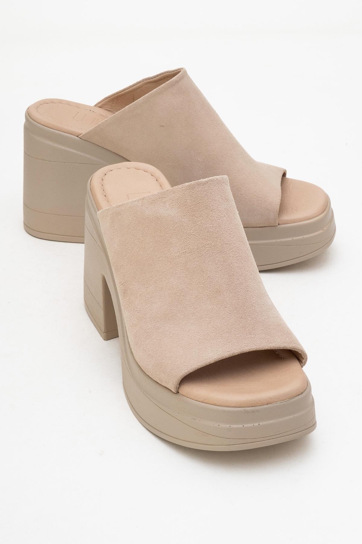 Nola - Beige Suede Leather Heeled Mules – front three-quarter view showing leather, suede, Vowalisse