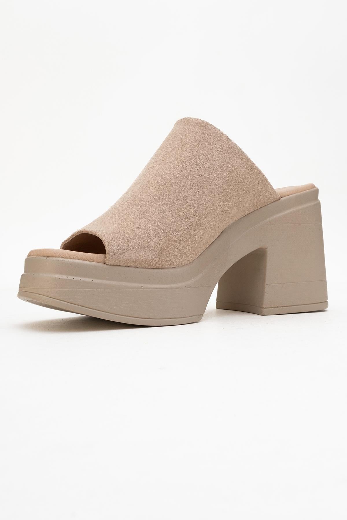 Nola - Beige Suede Leather Heeled Mules – heel view showing leather, suede, Vowalisse