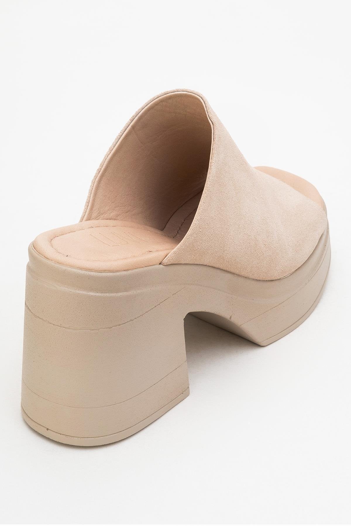 Nola - Beige Suede Leather Heeled Mules – back view showing leather, suede, Vowalisse