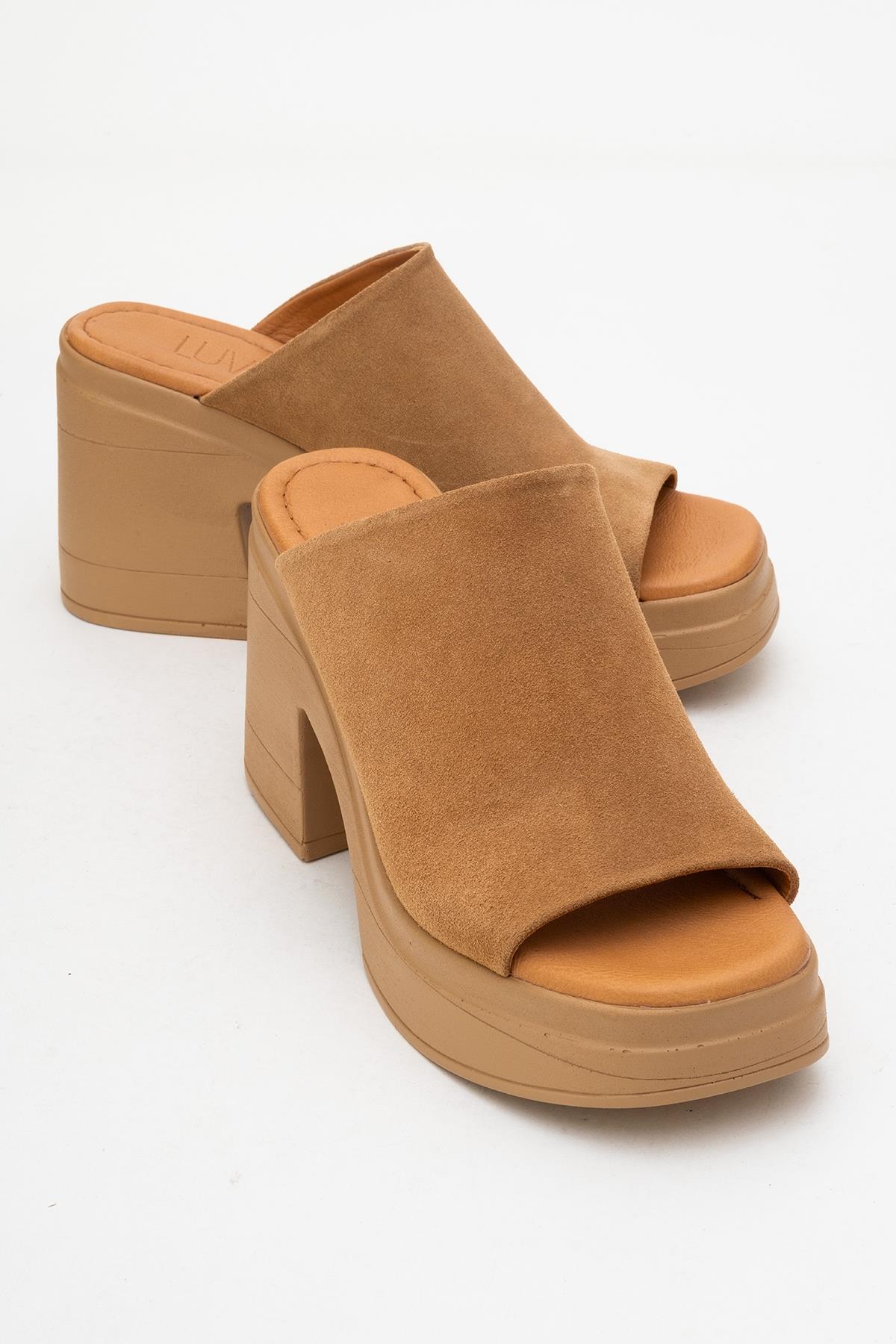 Nola - Cognac Brown Suede Leather Heeled Mules – front three-quarter view showing leather, suede, Vowalisse