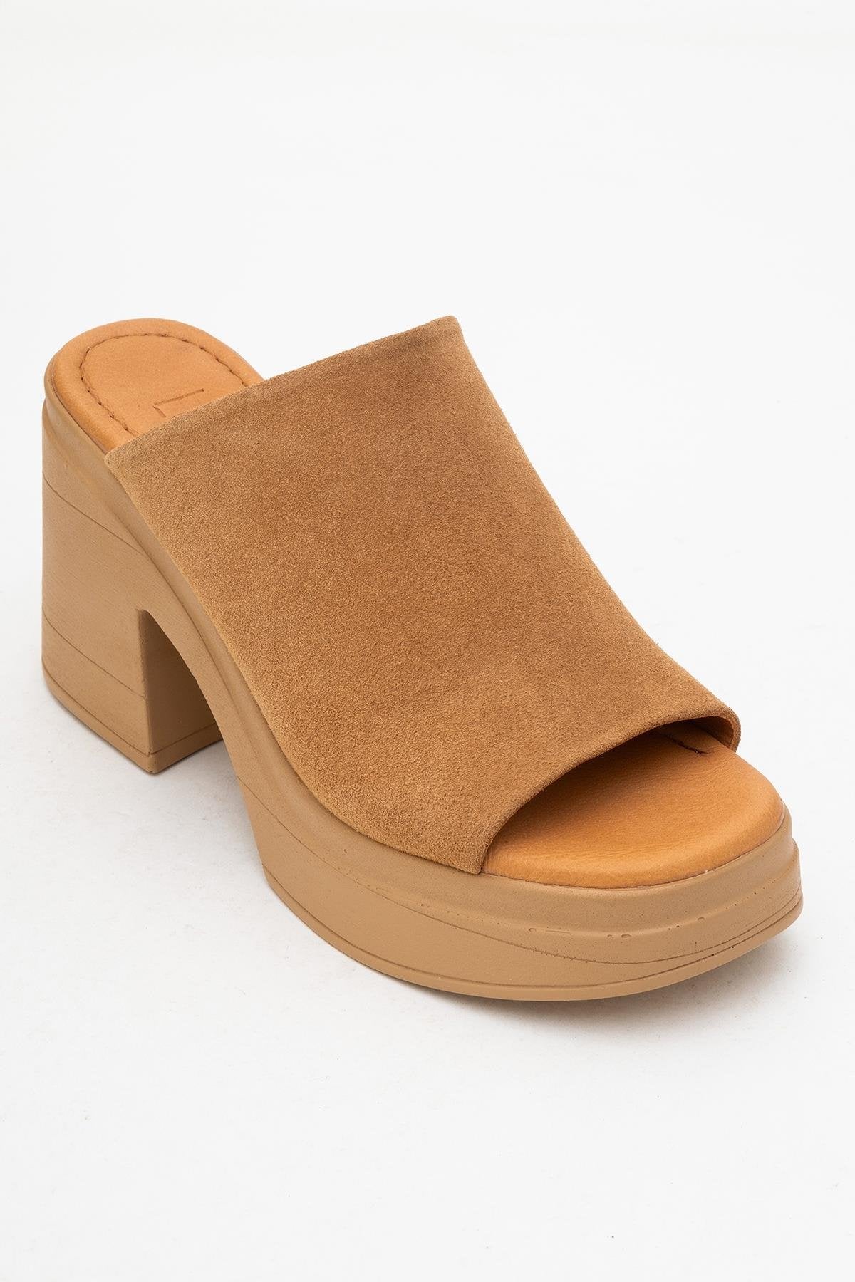 Nola - Cognac Brown Suede Leather Heeled Mules – detail view showing leather, suede, Vowalisse