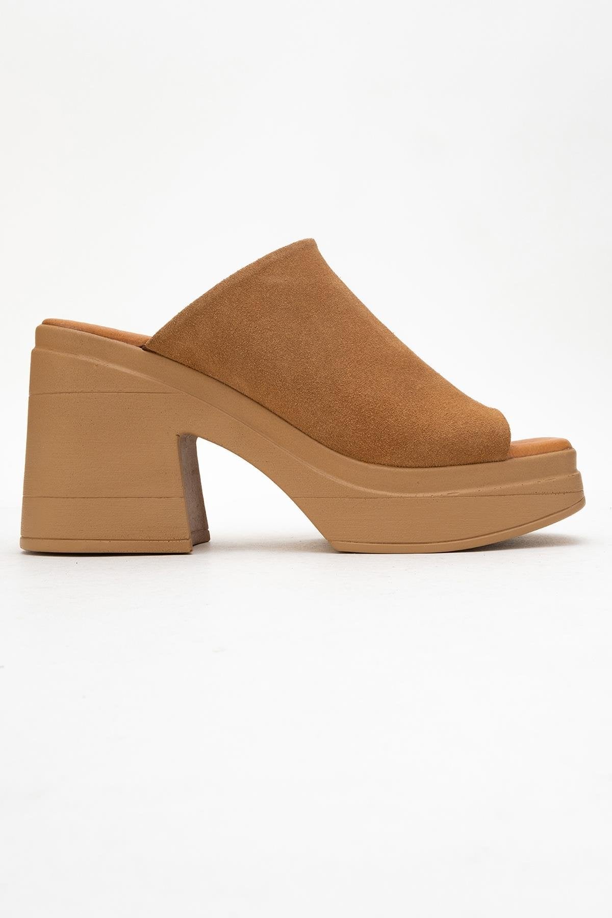 Nola - Cognac Brown Suede Leather Heeled Mules – top view showing leather, suede, Vowalisse