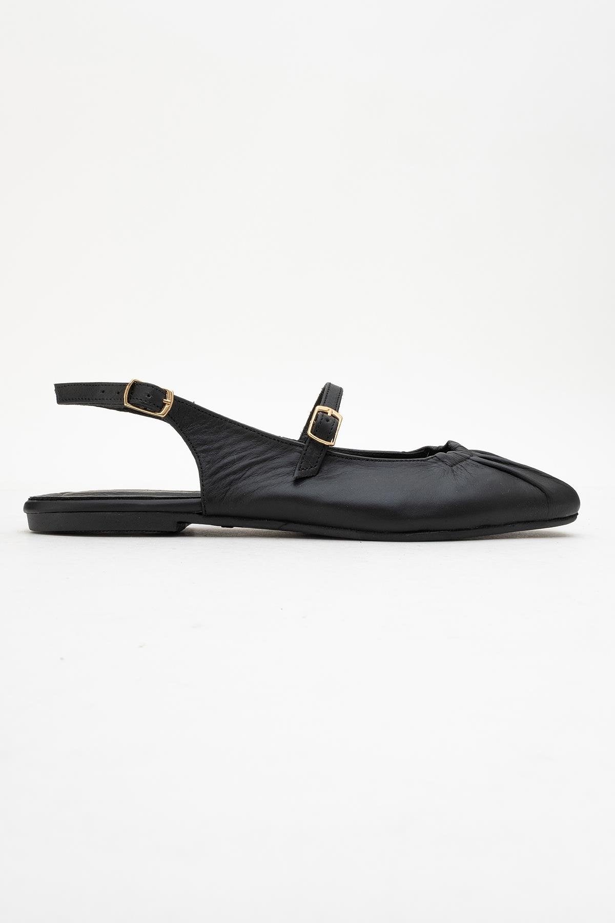 BRITNEY Black Leather Closed-Toe Sandal – top view showing leather, black, red, Vowalisse