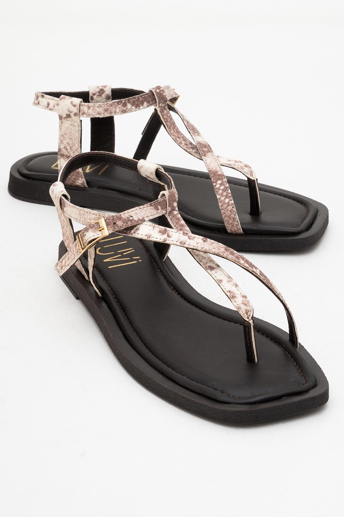 Morgana Brown Leather Thong Sandal – front three-quarter view showing leather, Vowalisse