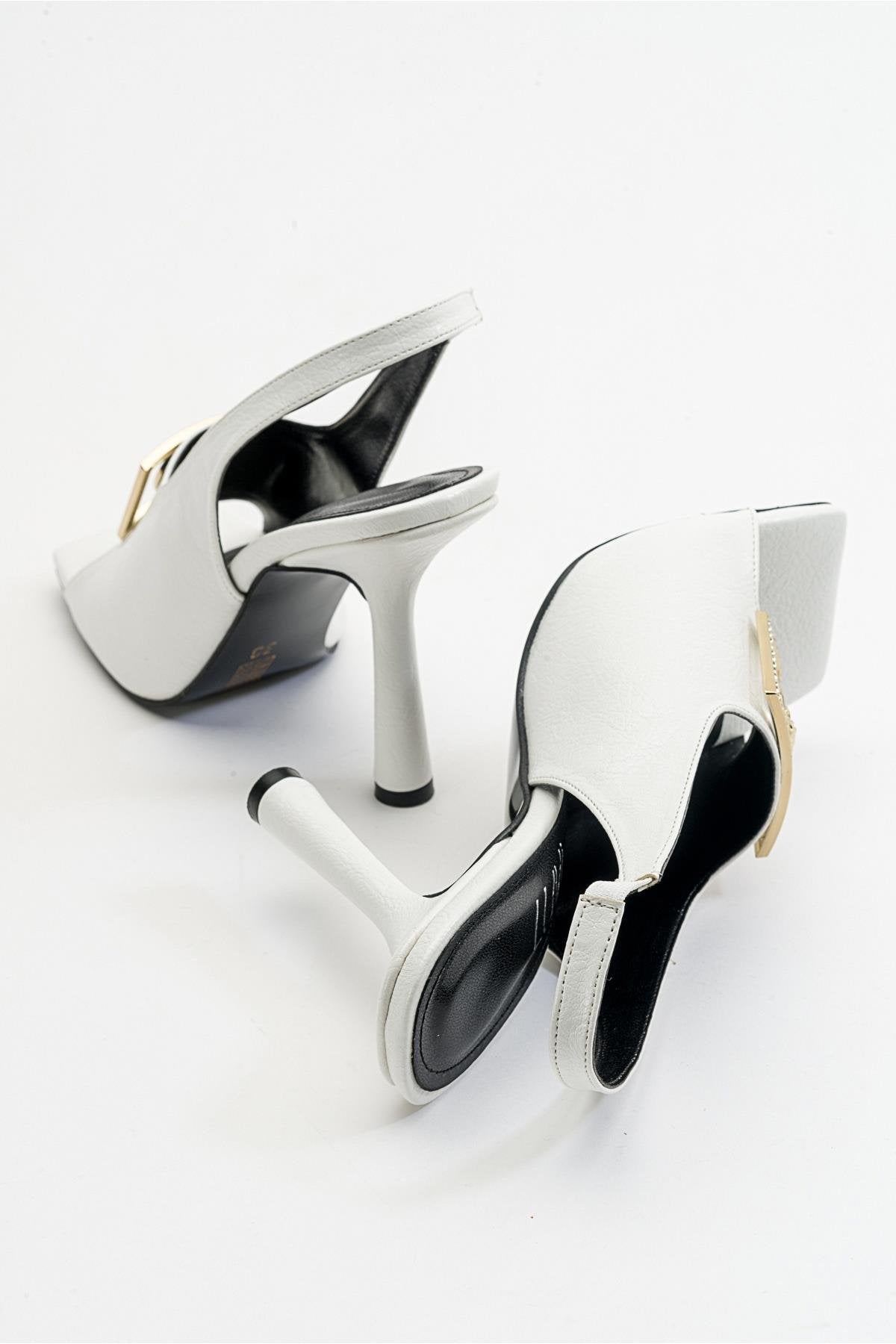 Olney - White Heeled Shoe – heel view showing leather, white, Vowalisse