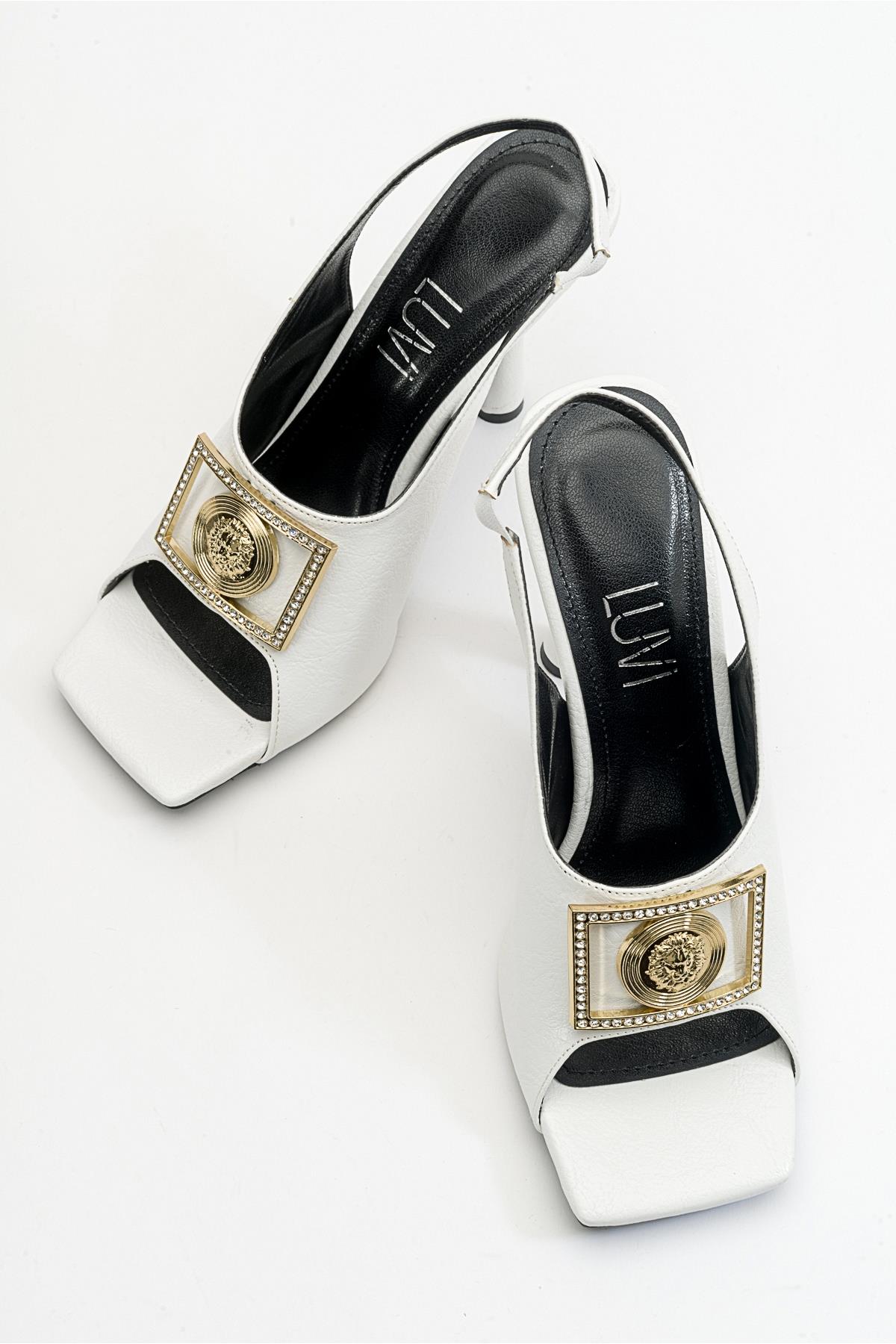 Olney - White Heeled Shoe – back view showing leather, white, Vowalisse