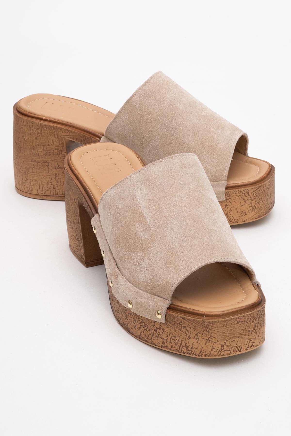 Pull - Beige Suede Leather Heeled Mules – front three-quarter view showing leather, suede, red, Vowalisse
