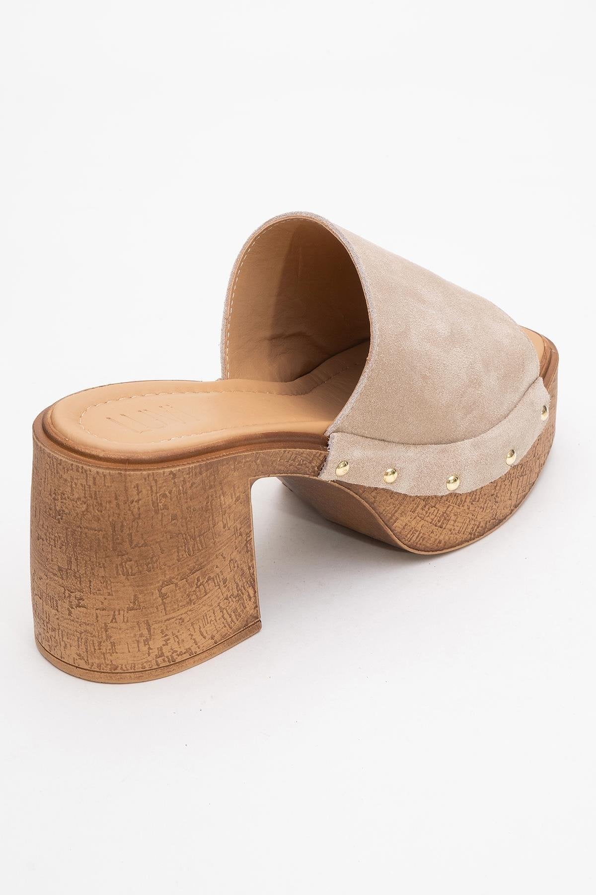 Pull - Beige Suede Leather Heeled Mules – back view showing leather, suede, red, Vowalisse