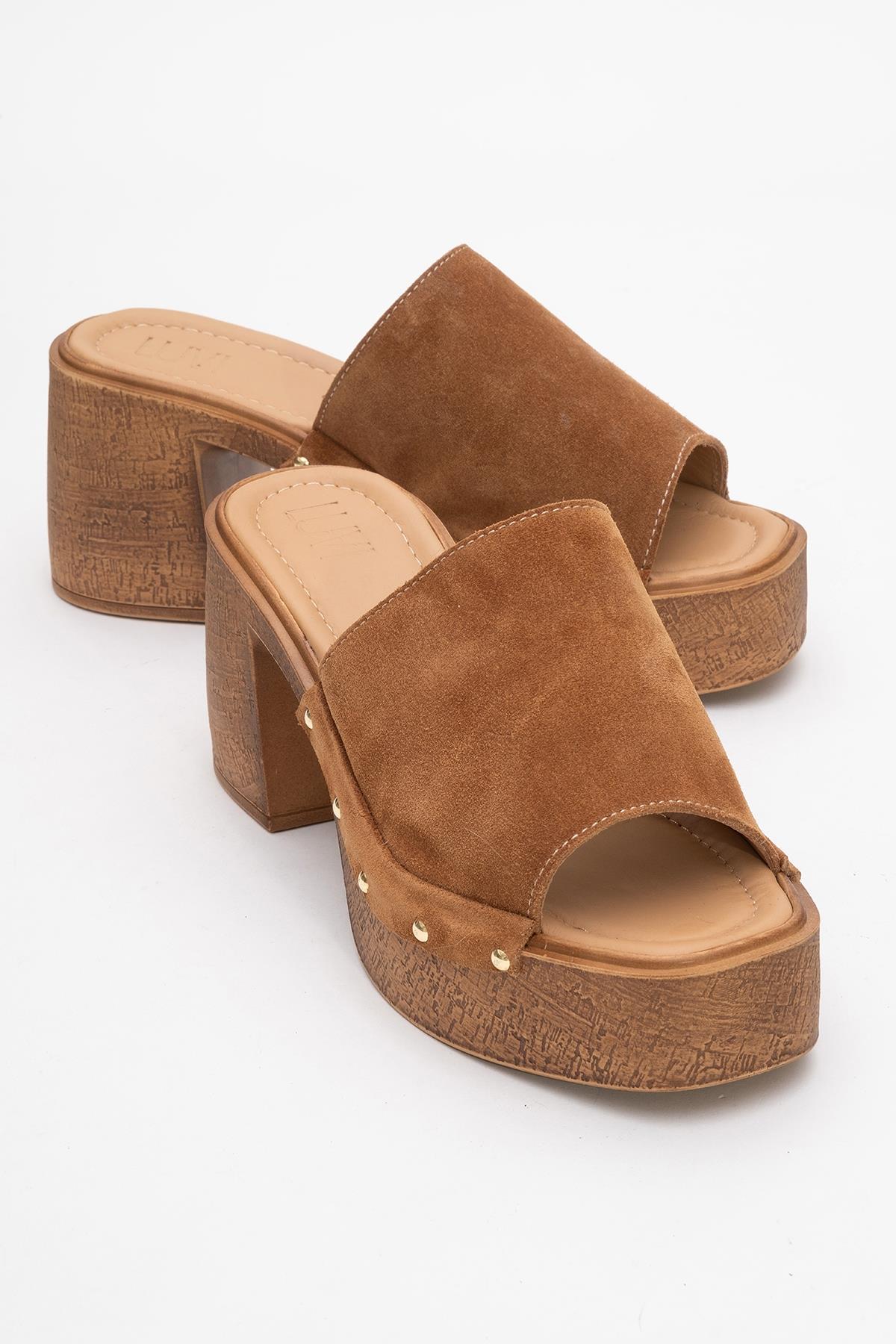 Pull - Cognac Brown Suede Leather Heeled Mules – front three-quarter view showing leather, suede, red, Vowalisse