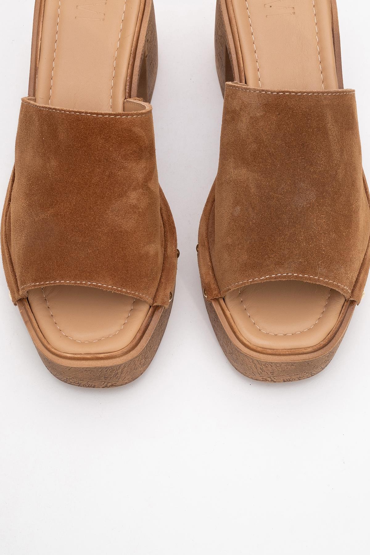 Pull - Cognac Brown Suede Leather Heeled Mules – side view showing leather, suede, red, Vowalisse