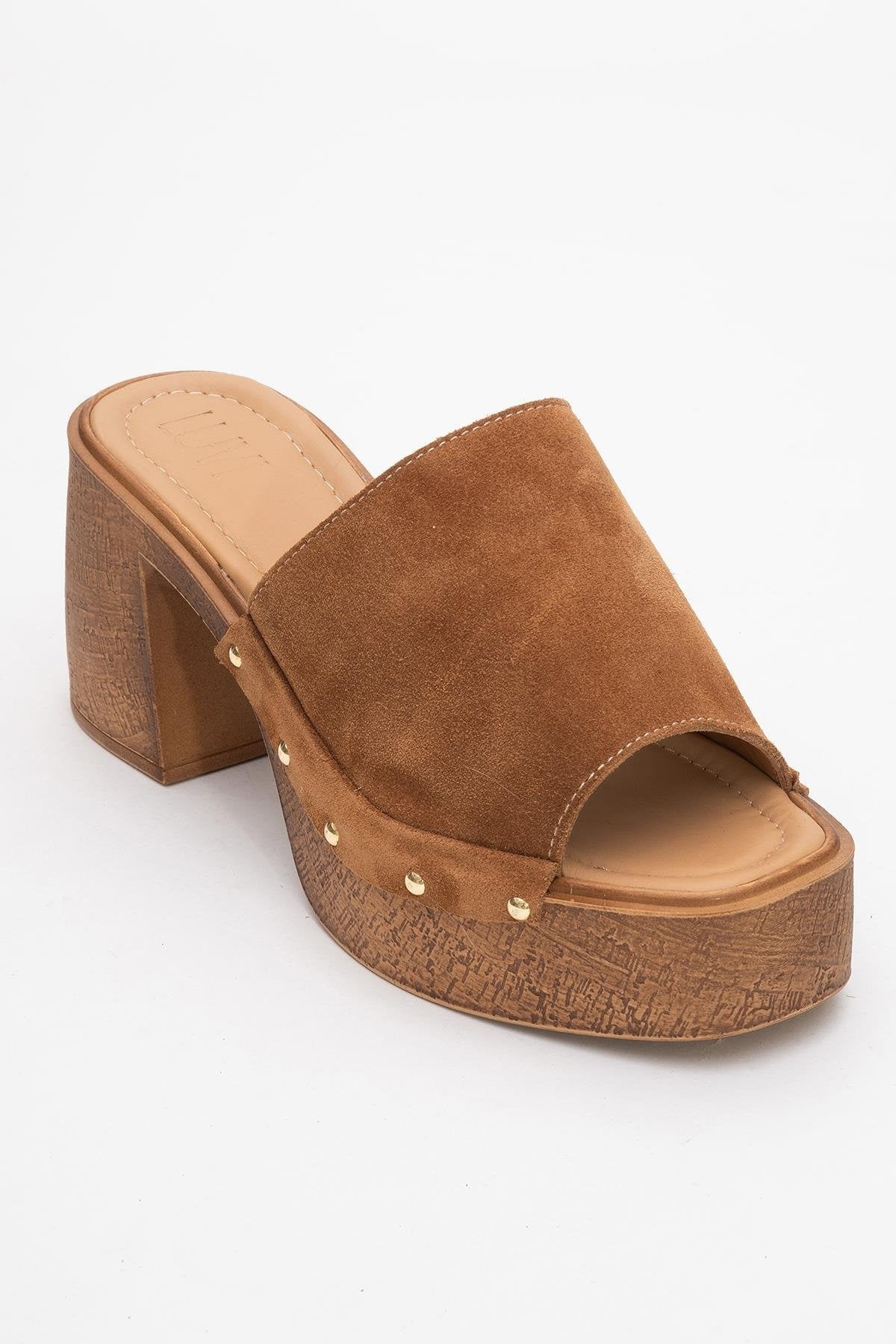 Pull - Cognac Brown Suede Leather Heeled Mules – detail view showing leather, suede, red, Vowalisse